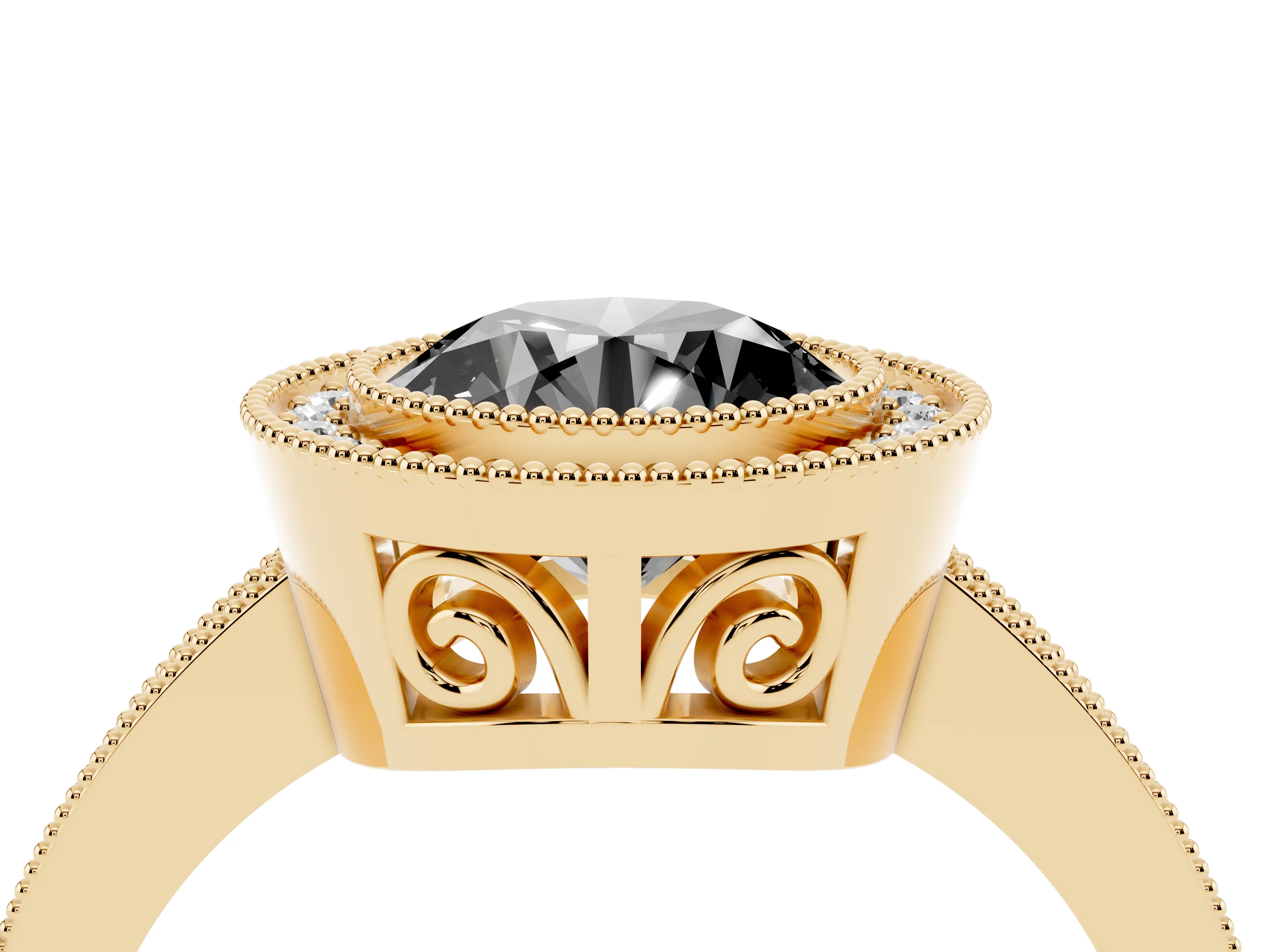 Fancy Black Round Cut Diamond Round Halo Ring Set in Yellow gold with Pavé Band
