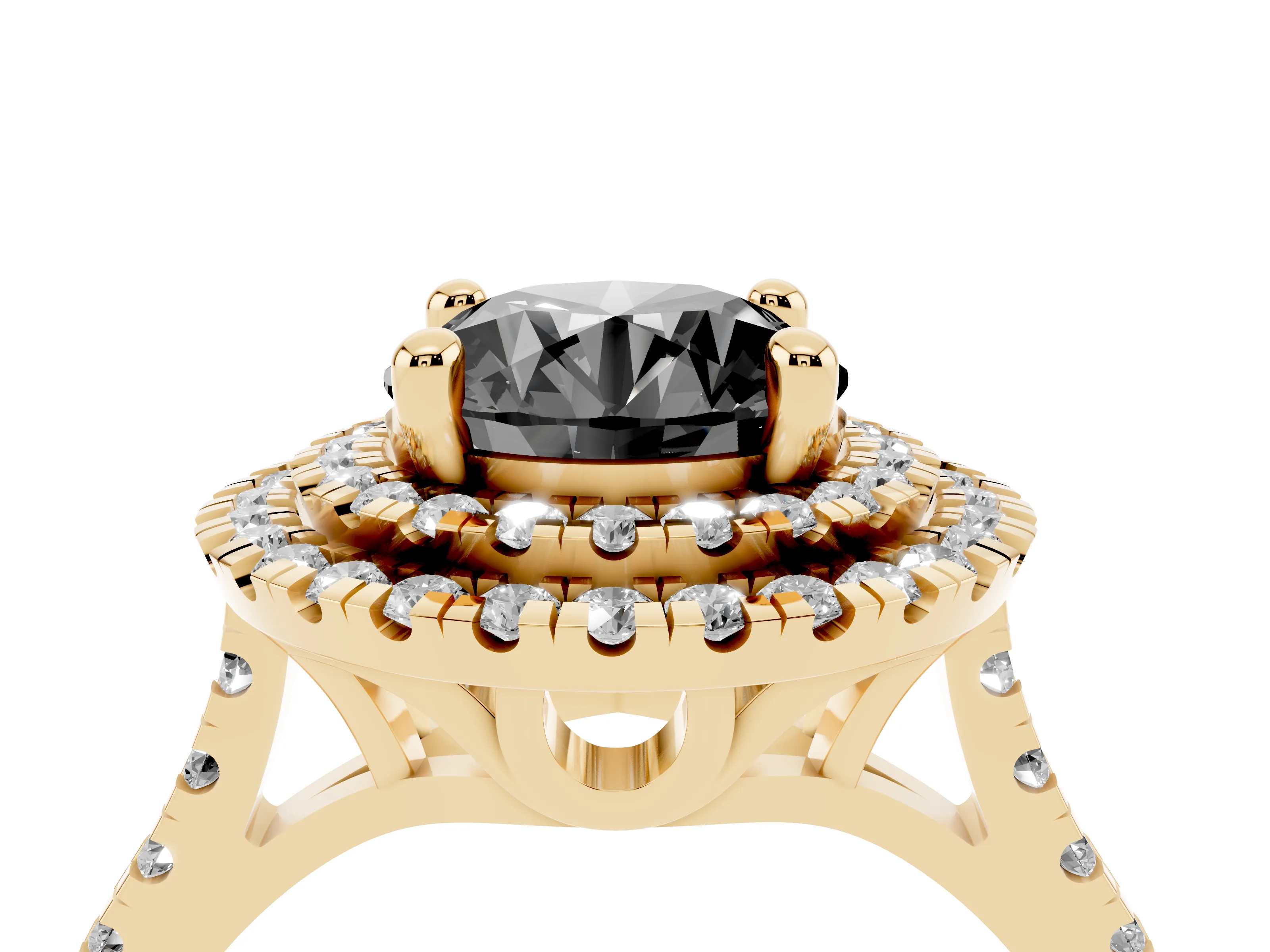 Fancy Black Round Cut Diamond Double Halo Statement Ring Set in Yellow gold with Pavé Band