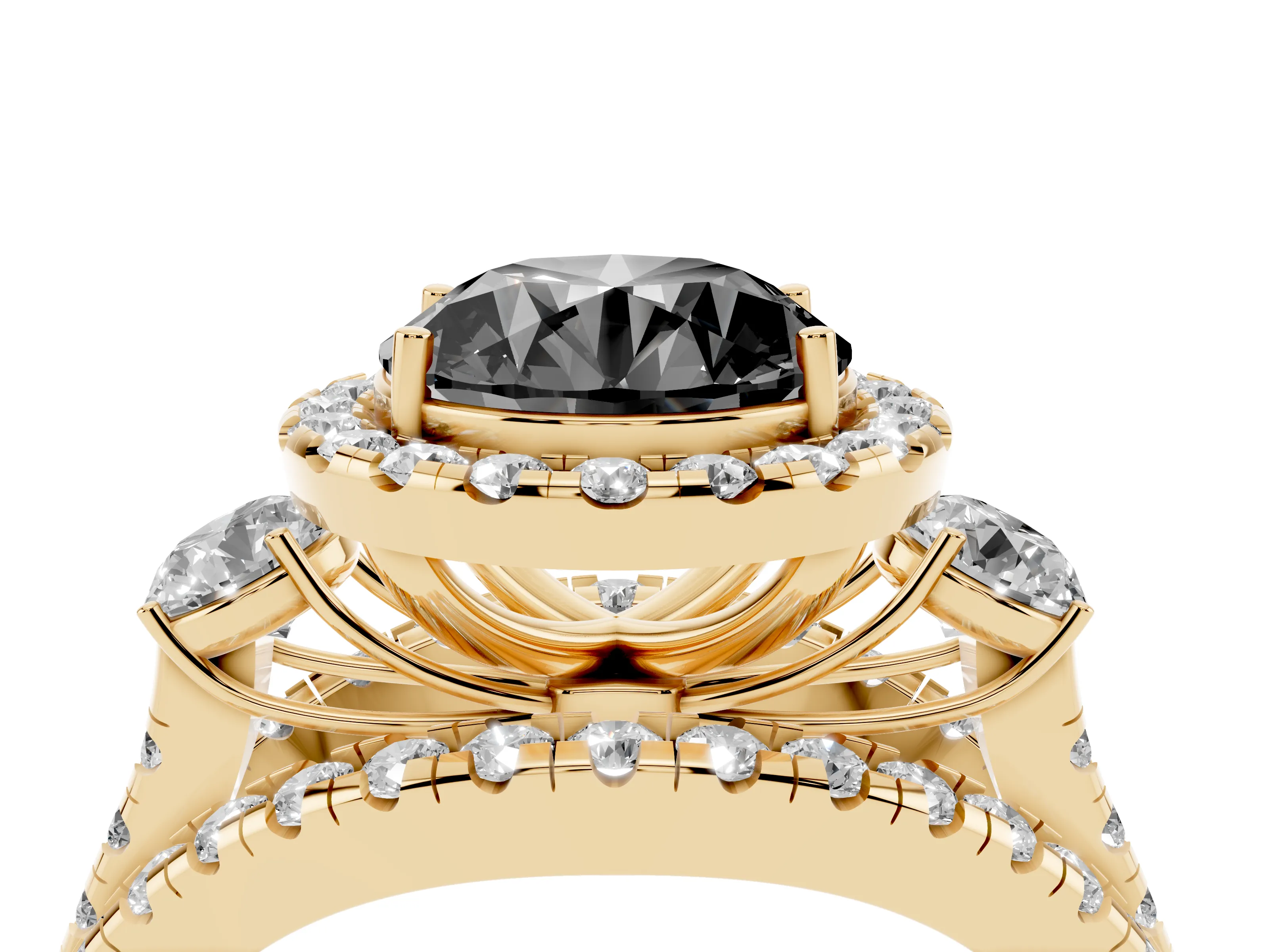 Fancy Black Round Cut Diamond Halo Split Shank Ring Set in Yellow gold with Round Accent Stones and Prong Setting