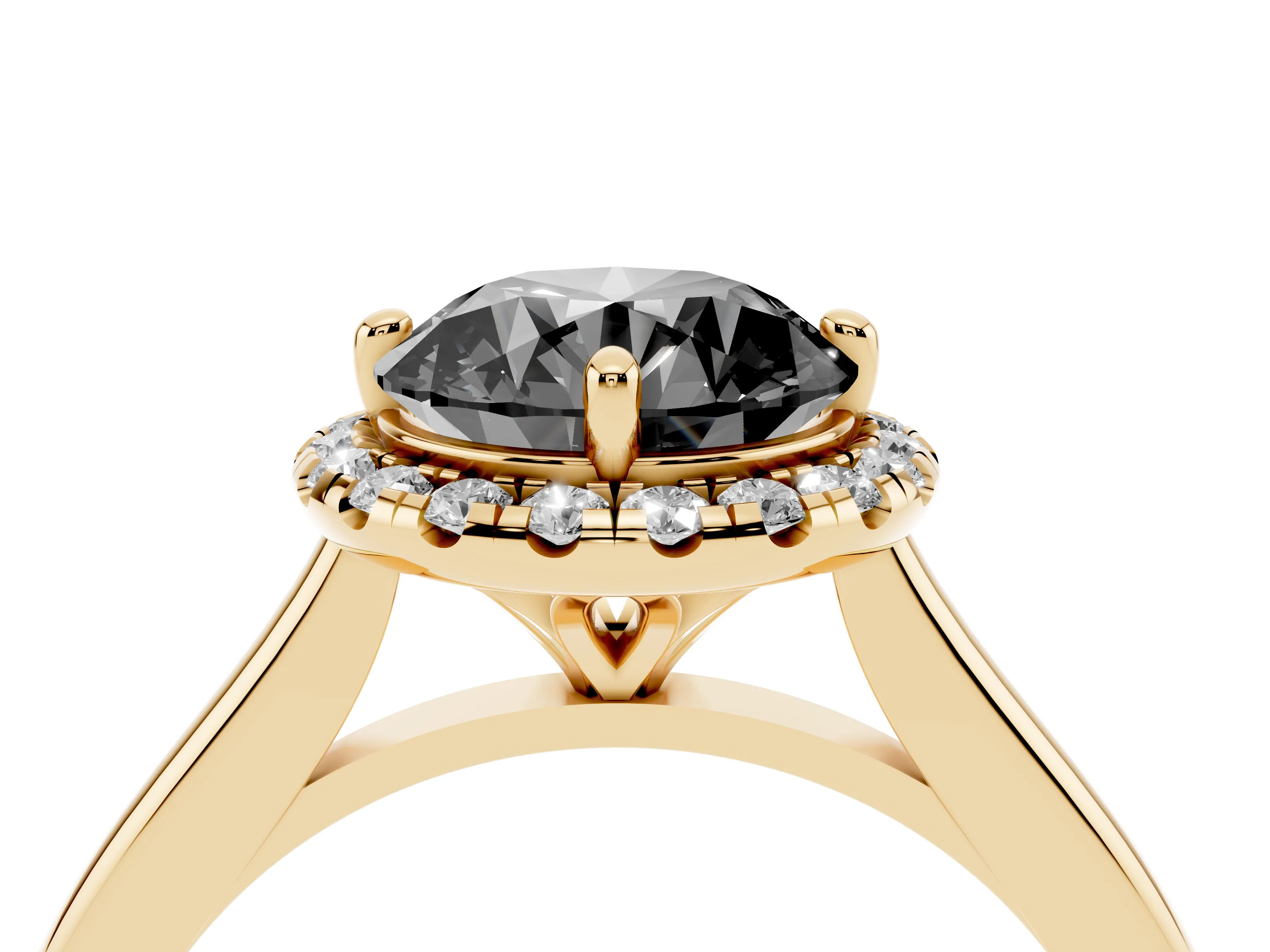 Fancy Black Round Cut Diamond Halo Engagement Ring Set in Yellow gold with Pavé Band and Rising Shoulders