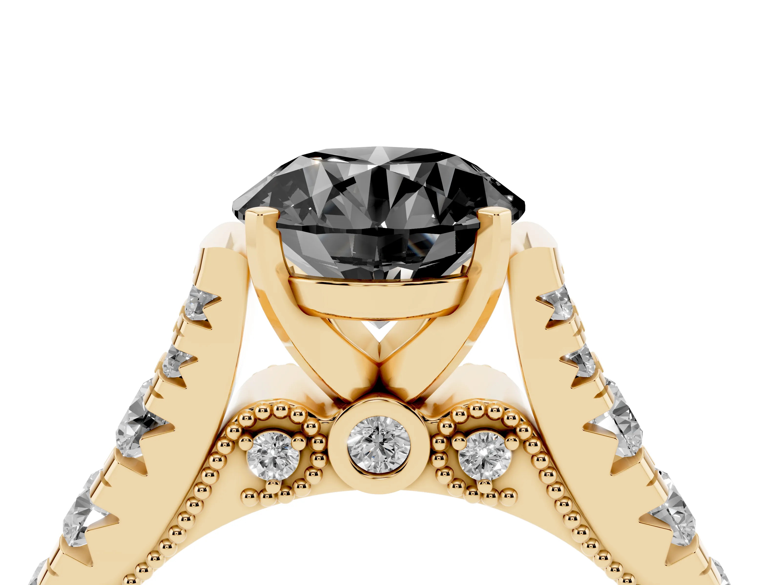 Fancy Black Round Cut Diamond Classic Solitaire Ring Set in Yellow gold with Pavé Band and Prong Setting