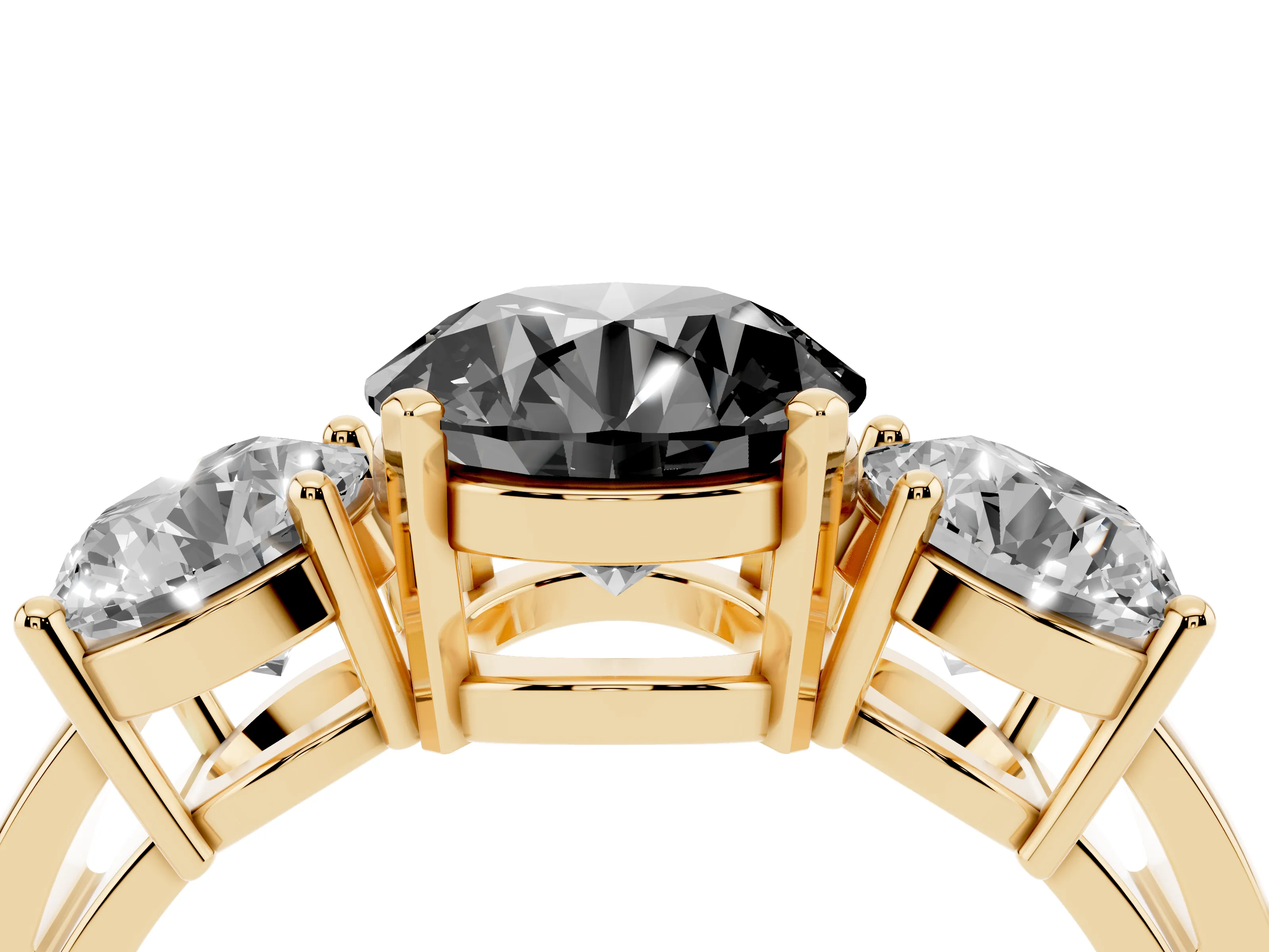 Fancy Black Round Cut Diamond Three-Stone Ring Set in Yellow gold with Round Side Stones and Classic Band