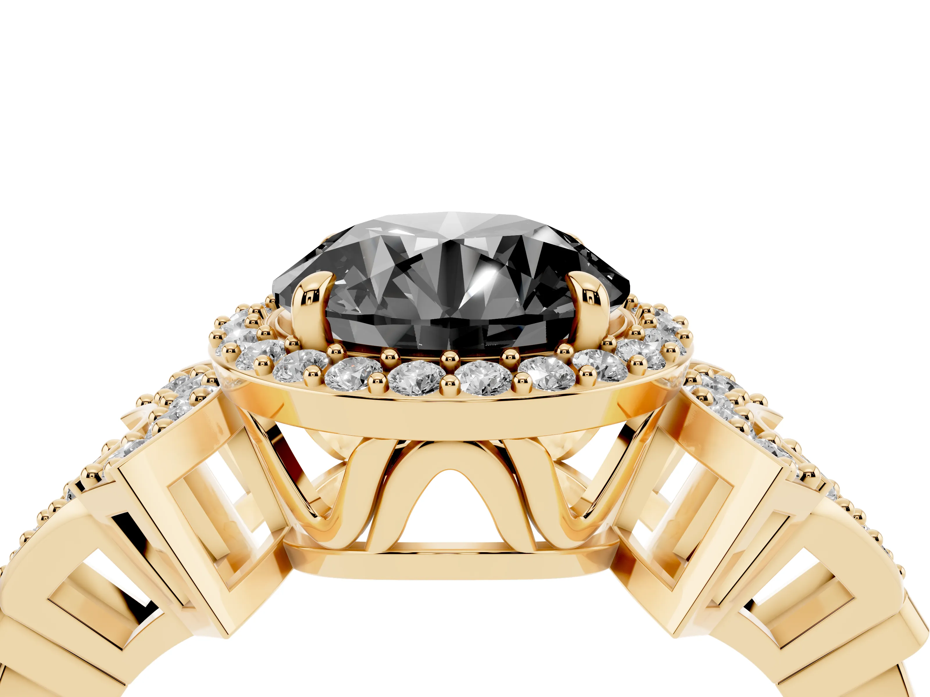 Fancy Black Round Cut Diamond Halo Engagement Ring Set in Yellow gold with Accent Stone Split Shank