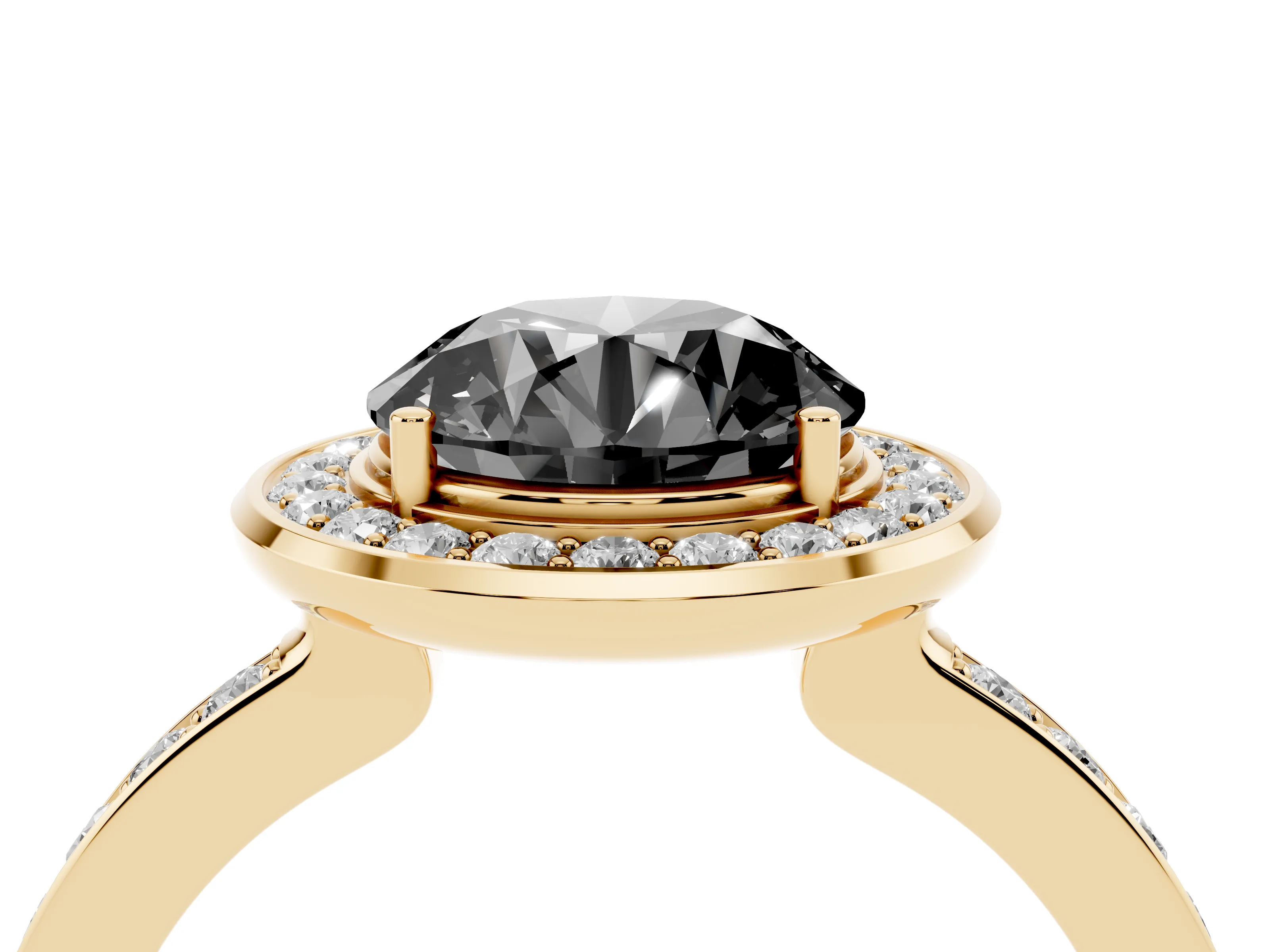 Fancy Black Round Cut Diamond Halo Ring Set in Yellow gold with Bezel Frame and Pavé Band