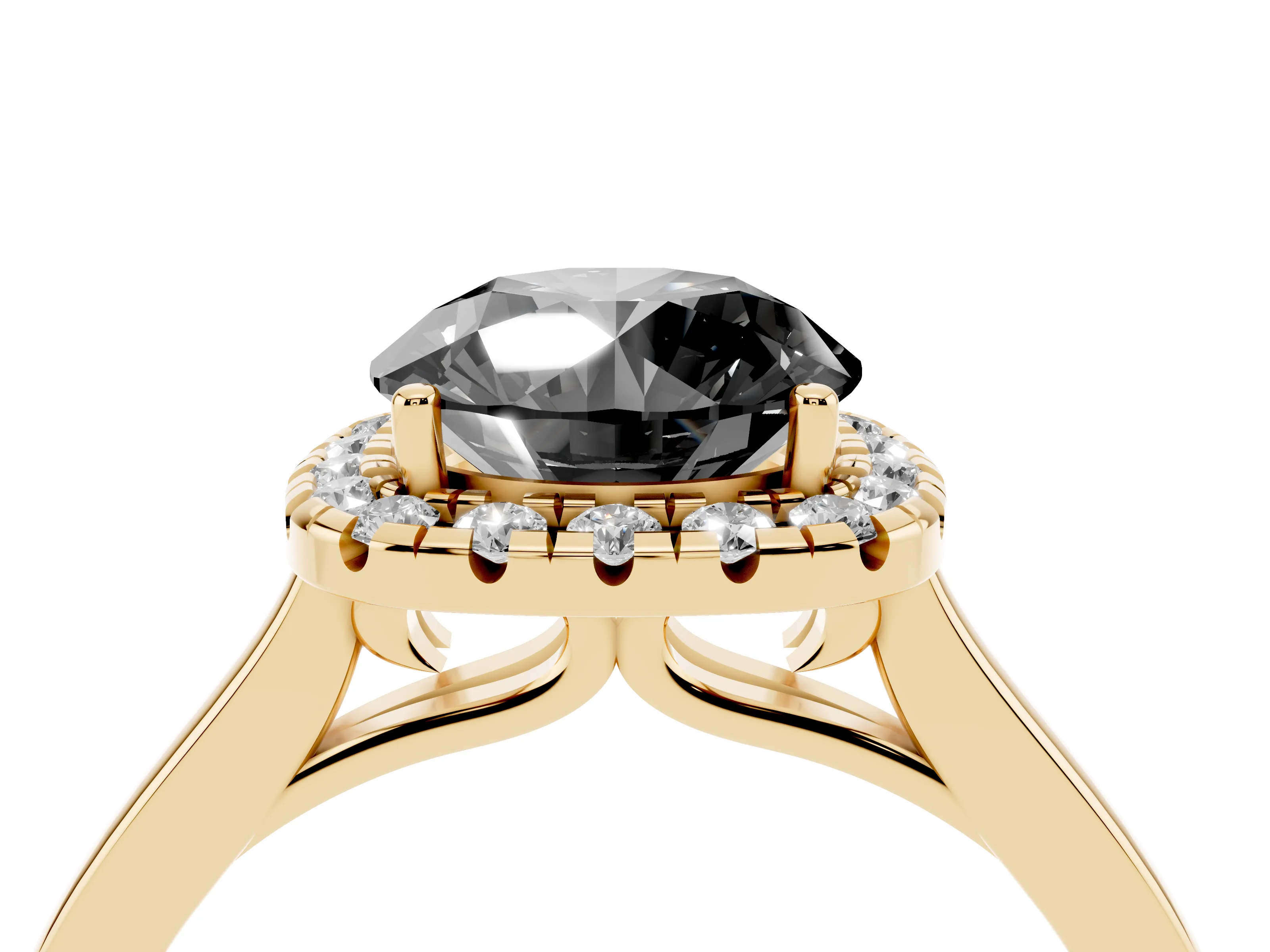 Fancy Black Round Cut Halo Round Diamond Solitaire Ring Set in Yellow gold with Pavé Band and Prong Setting
