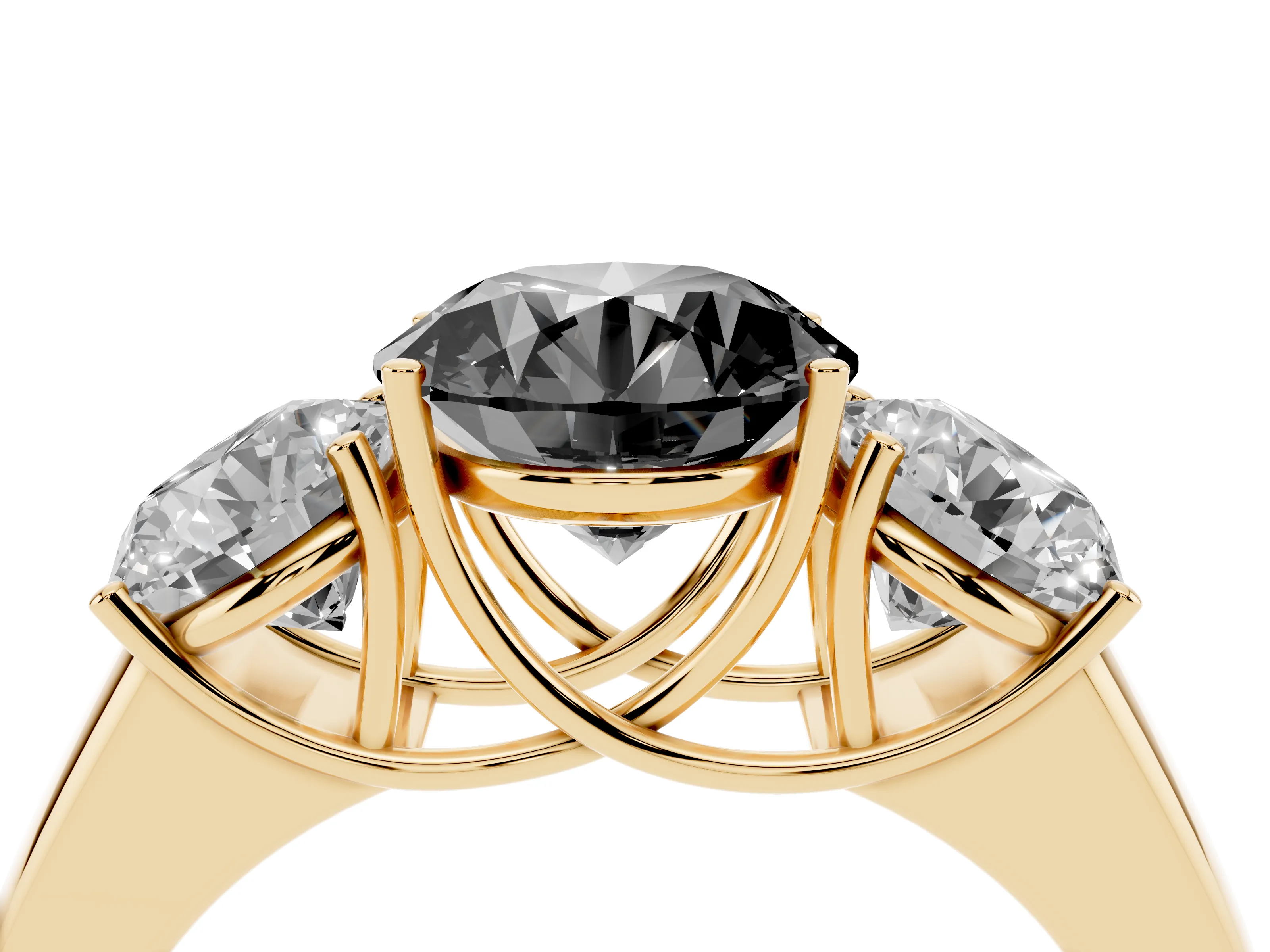 Fancy Black Three-Stone Round Cut Diamond Ring Set in Yellow gold with Matching Prong Settings and Plain Band