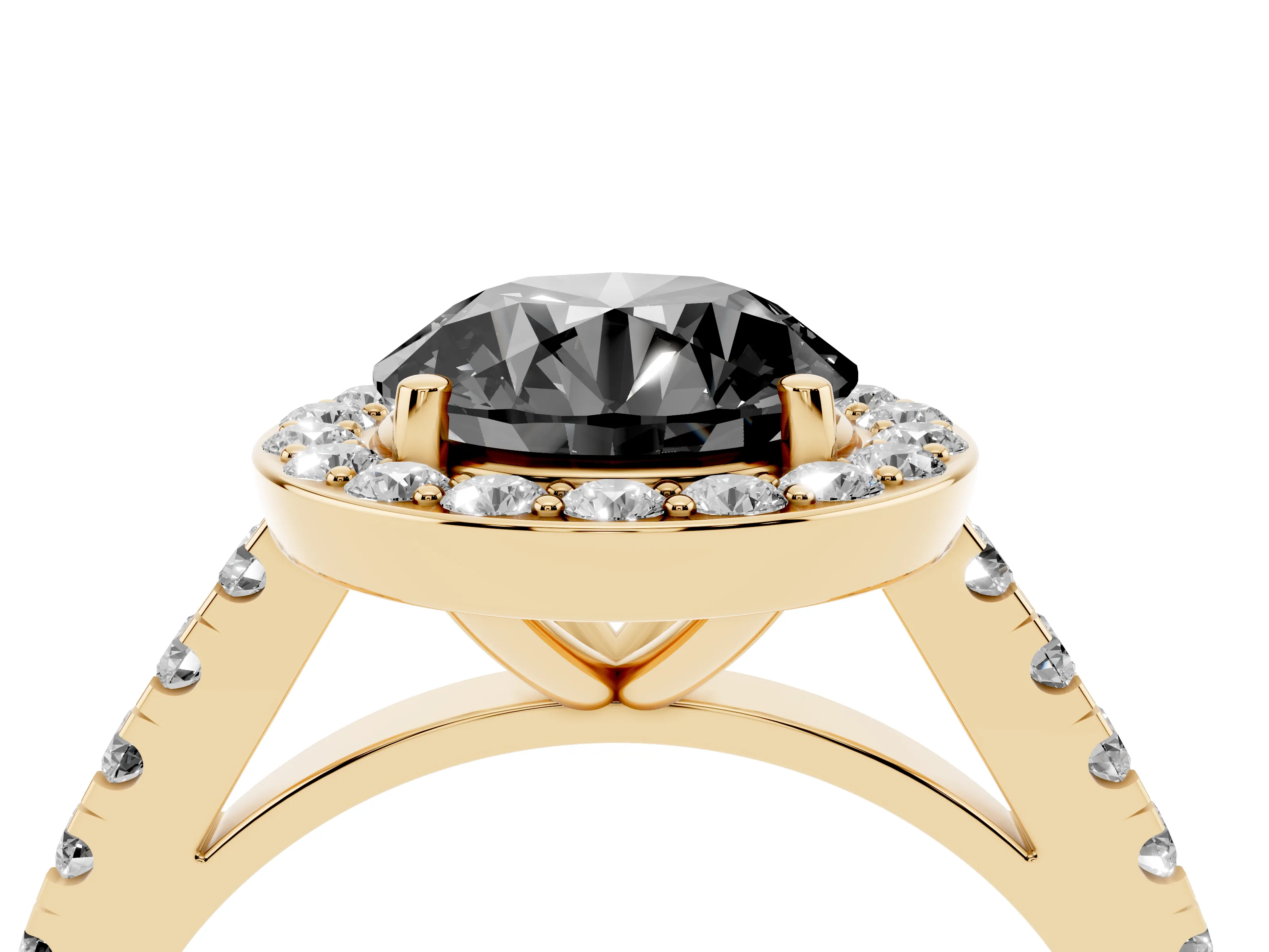 Fancy Black Round Cut Diamond Halo Ring Set in Yellow gold with Round Pavé Split Shank and Prong Setting