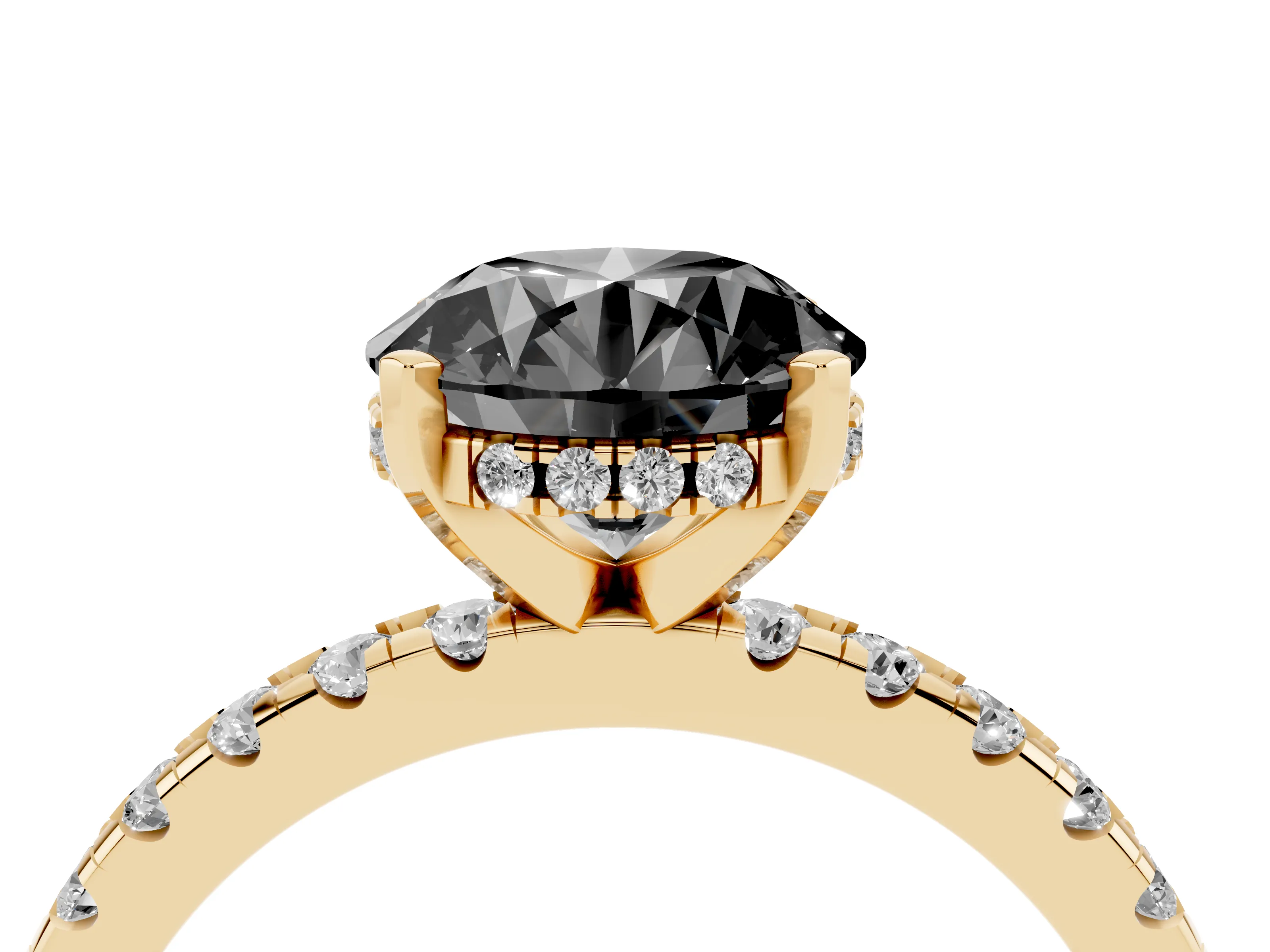 Fancy Black Round Cut Diamond Pavé Solitaire Ring Set in Yellow gold with Round Band Accents and Prong Setting