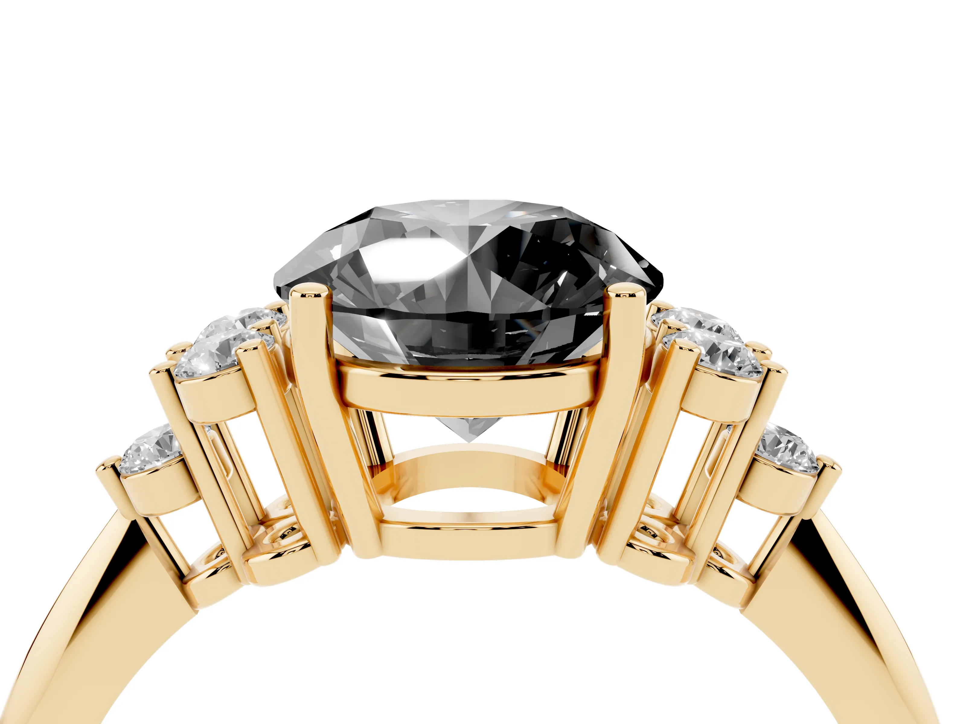Fancy Black Round Cut Diamond Cluster Ring Set in Yellow gold with Plain Band and Prong Setting