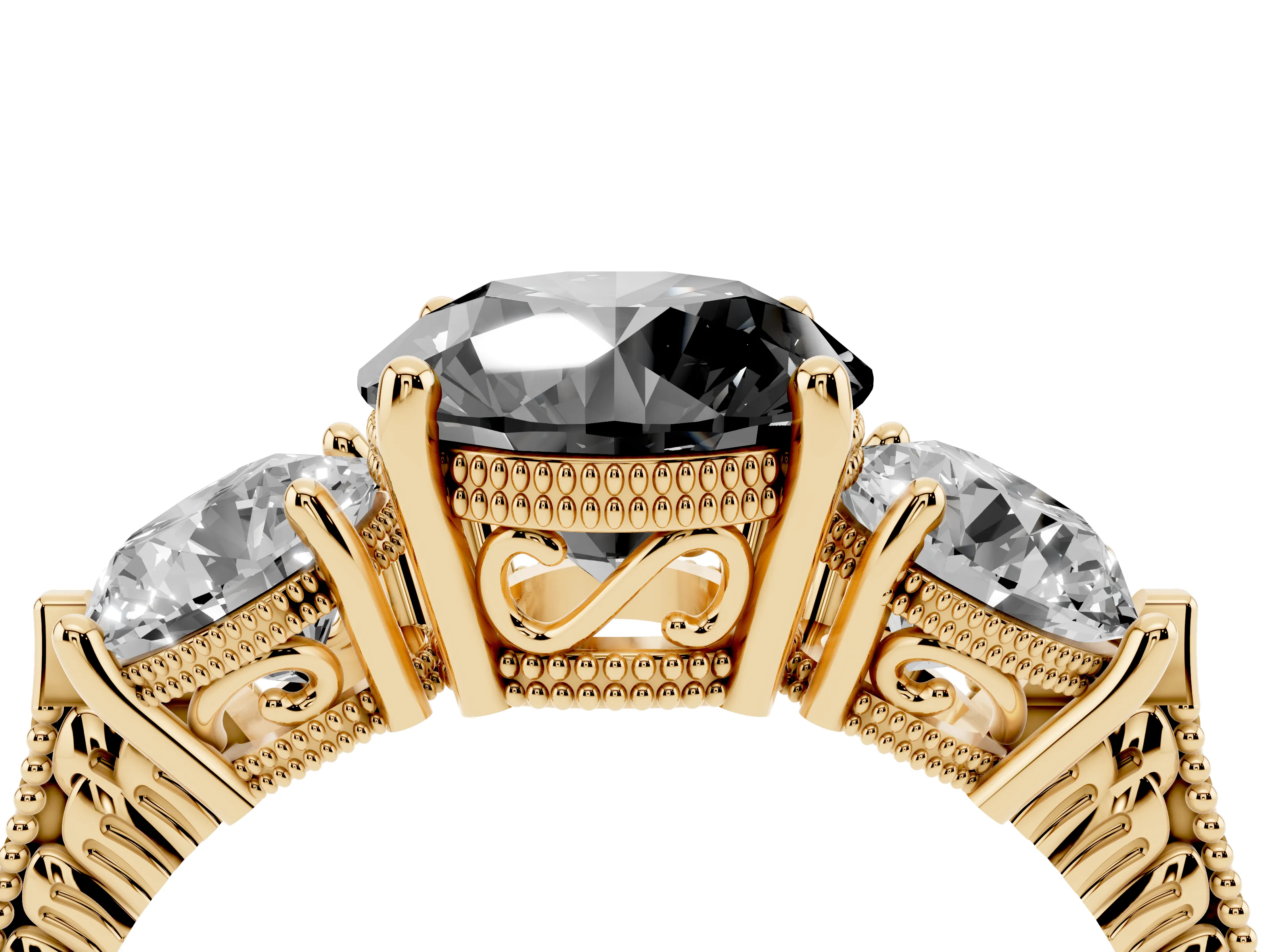 Fancy Black Round Cut Diamond Three-Stone Ring Set in Yellow gold with Milgrain Band