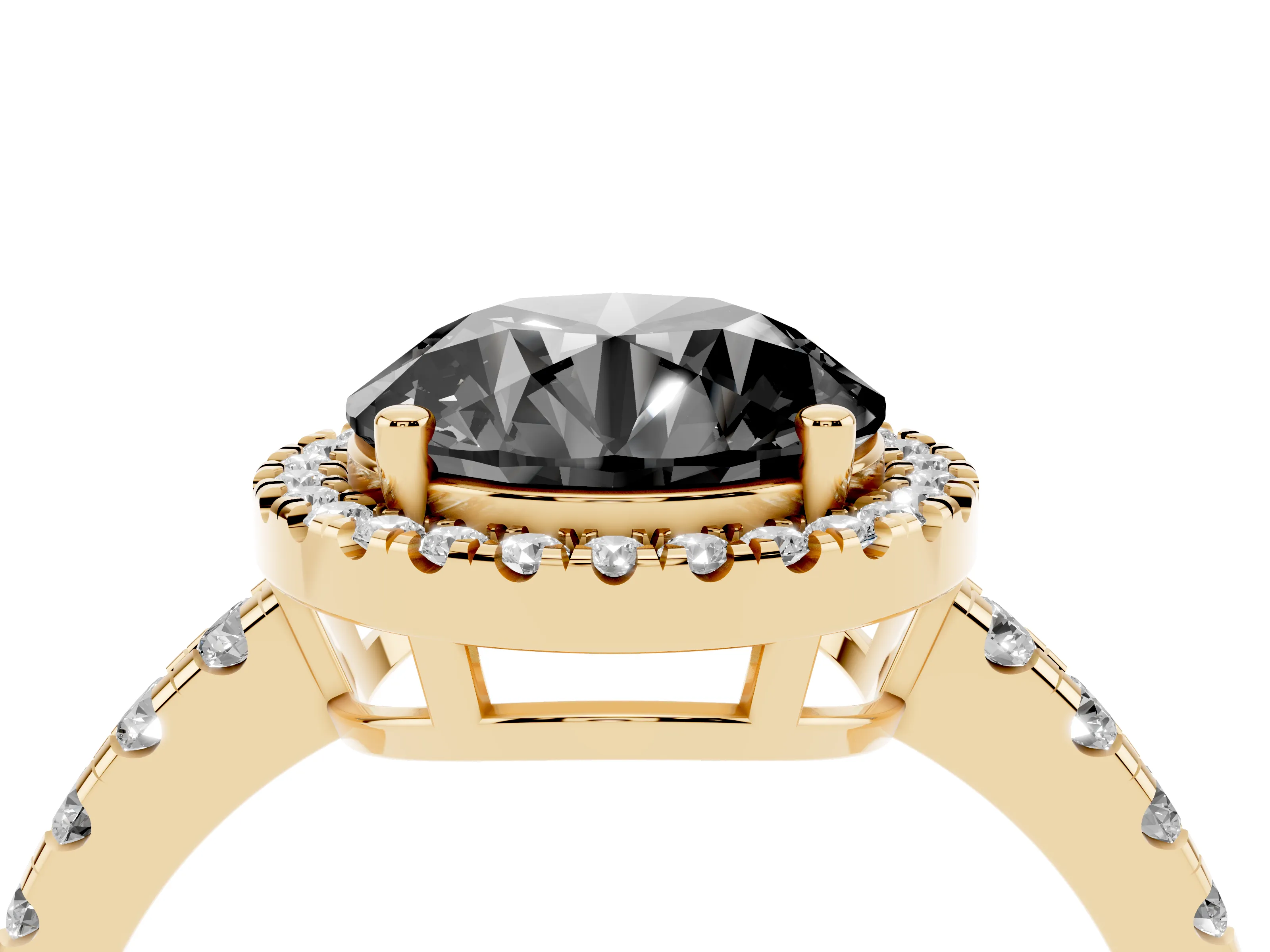 Fancy Black Round Cut Diamond Halo Ring Set in Yellow gold with Delicate Pavé Band and Prong Setting