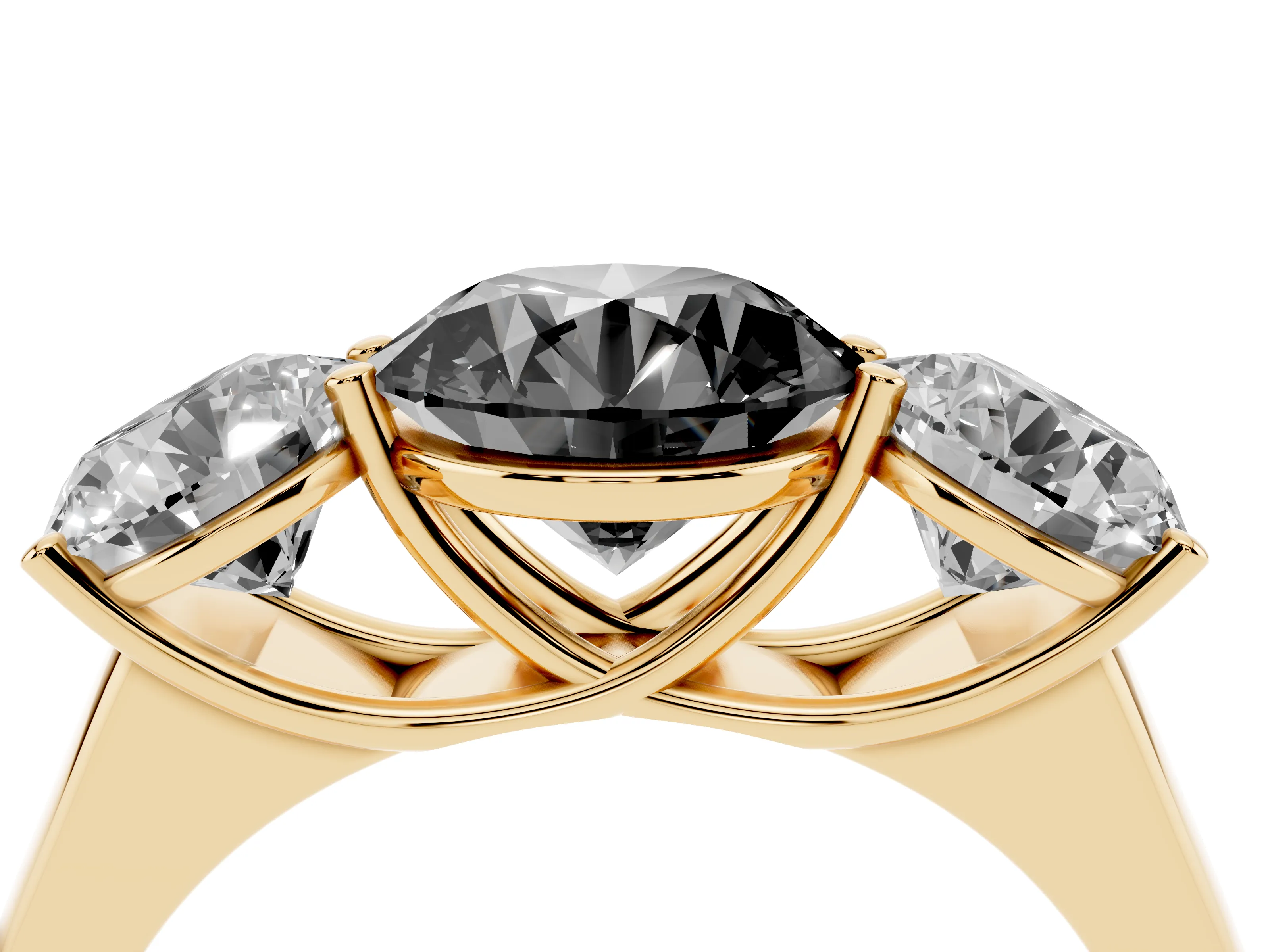 Fancy Black Round Cut Diamond Three-Stone Ring Set in Yellow gold with Plain Polished Band