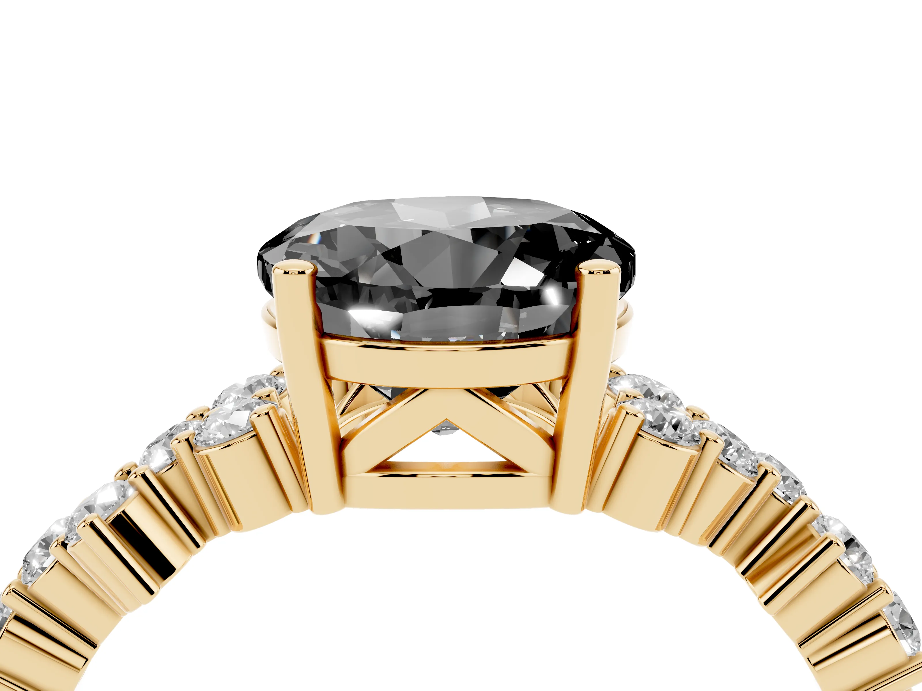 Fancy Black Round Cut Diamond Ring Set in Yellow gold with Scattered Round Accents