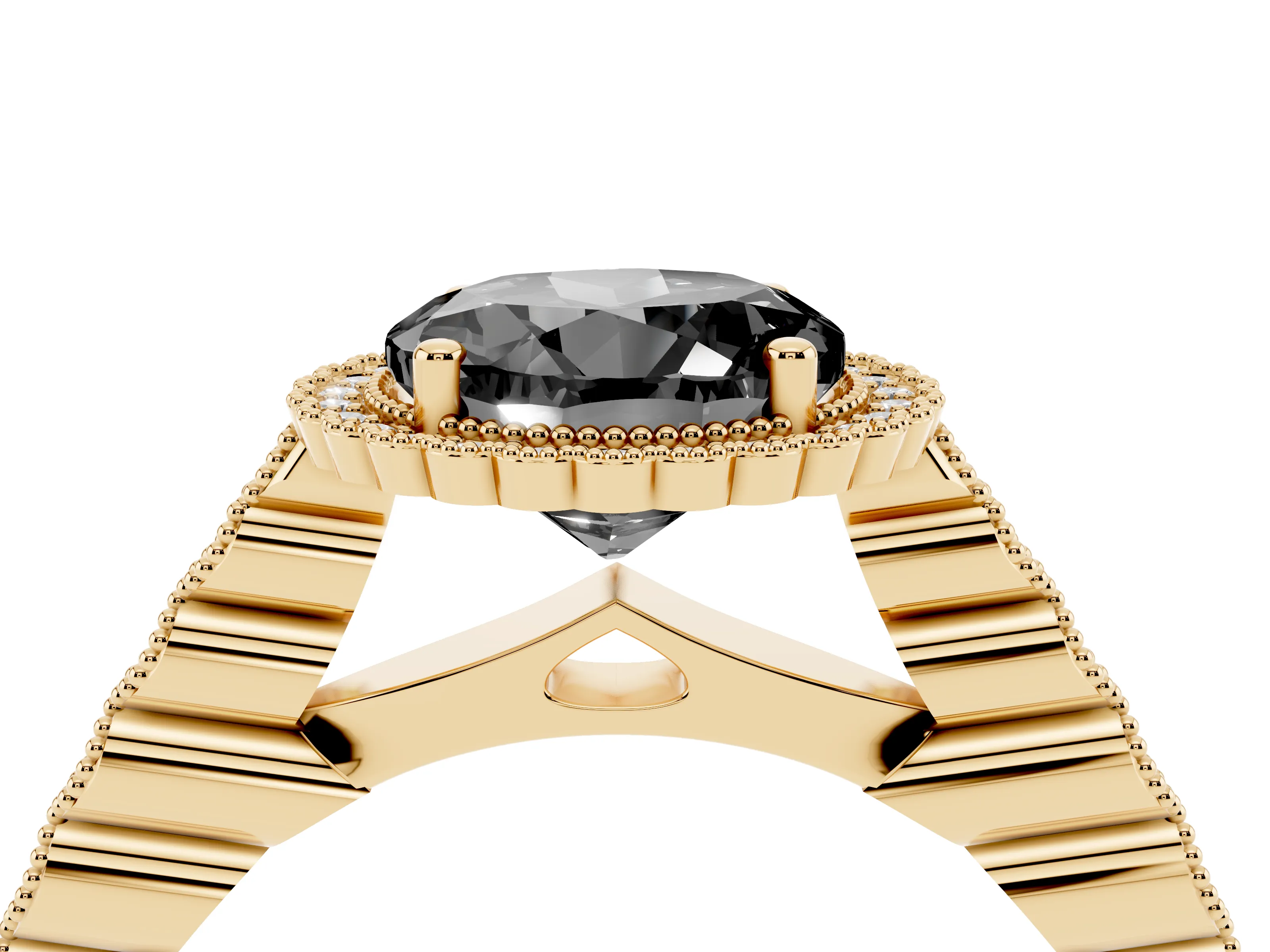 Fancy Black Round Cut Diamond Halo Ring Set in Yellow gold with Pavé Milgrain Band