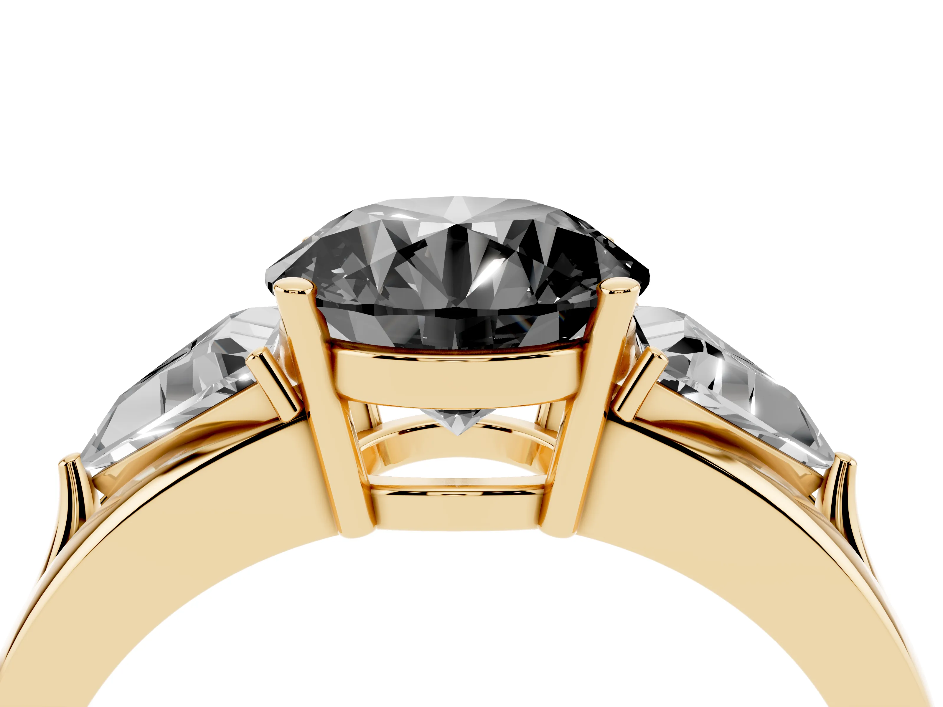 Fancy Black Round Cut Diamond Three-Stone Ring Set in Yellow gold with Trillion Side Stones and Split Shank