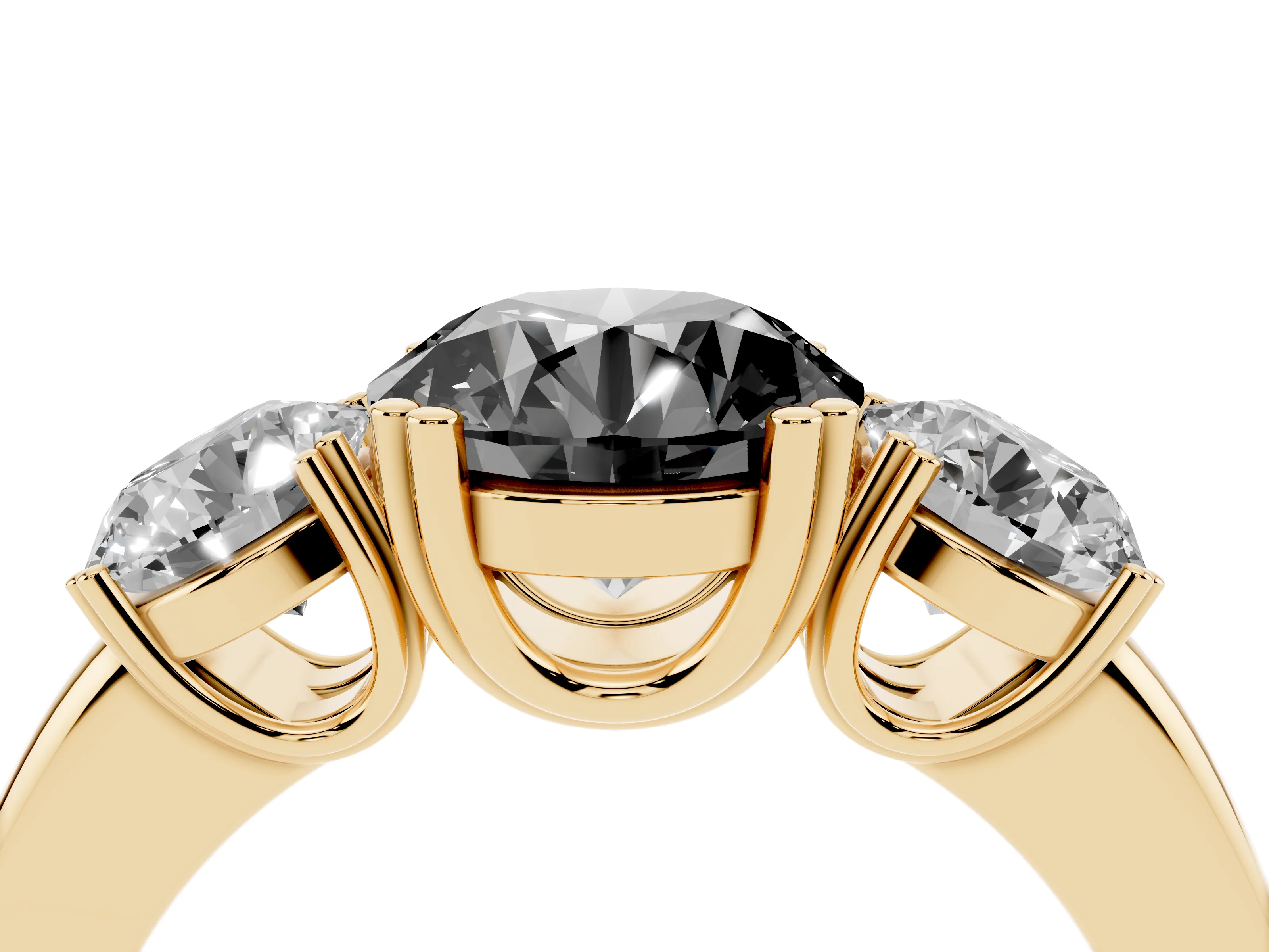 Fancy Black Round Cut Diamond Three-Stone Ring Set in Yellow gold with Polished Channel-Set Band