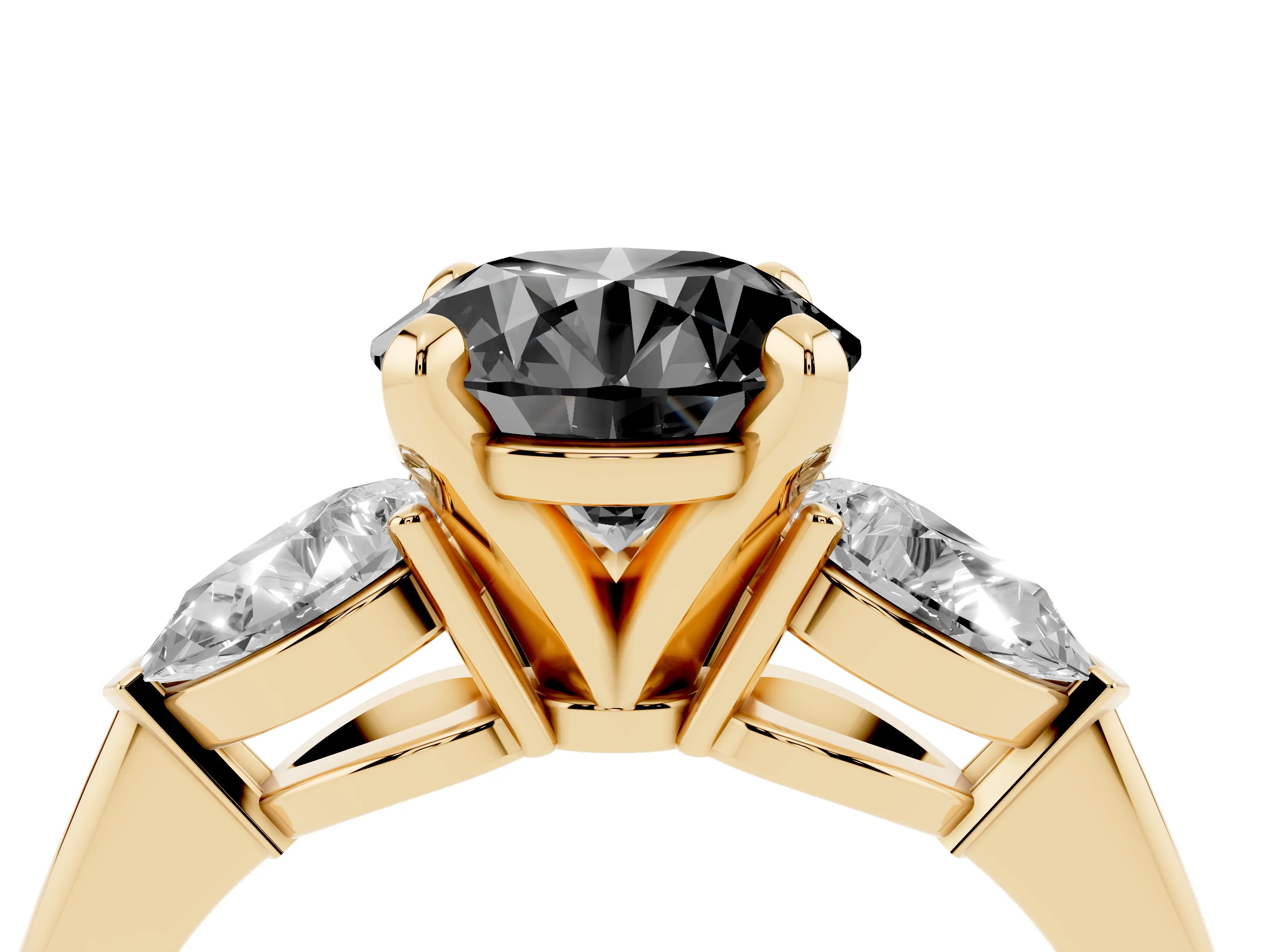 Fancy Black Three-Stone Round Cut Diamond Ring Set in Yellow gold with Pear Side Stones and Prong Setting