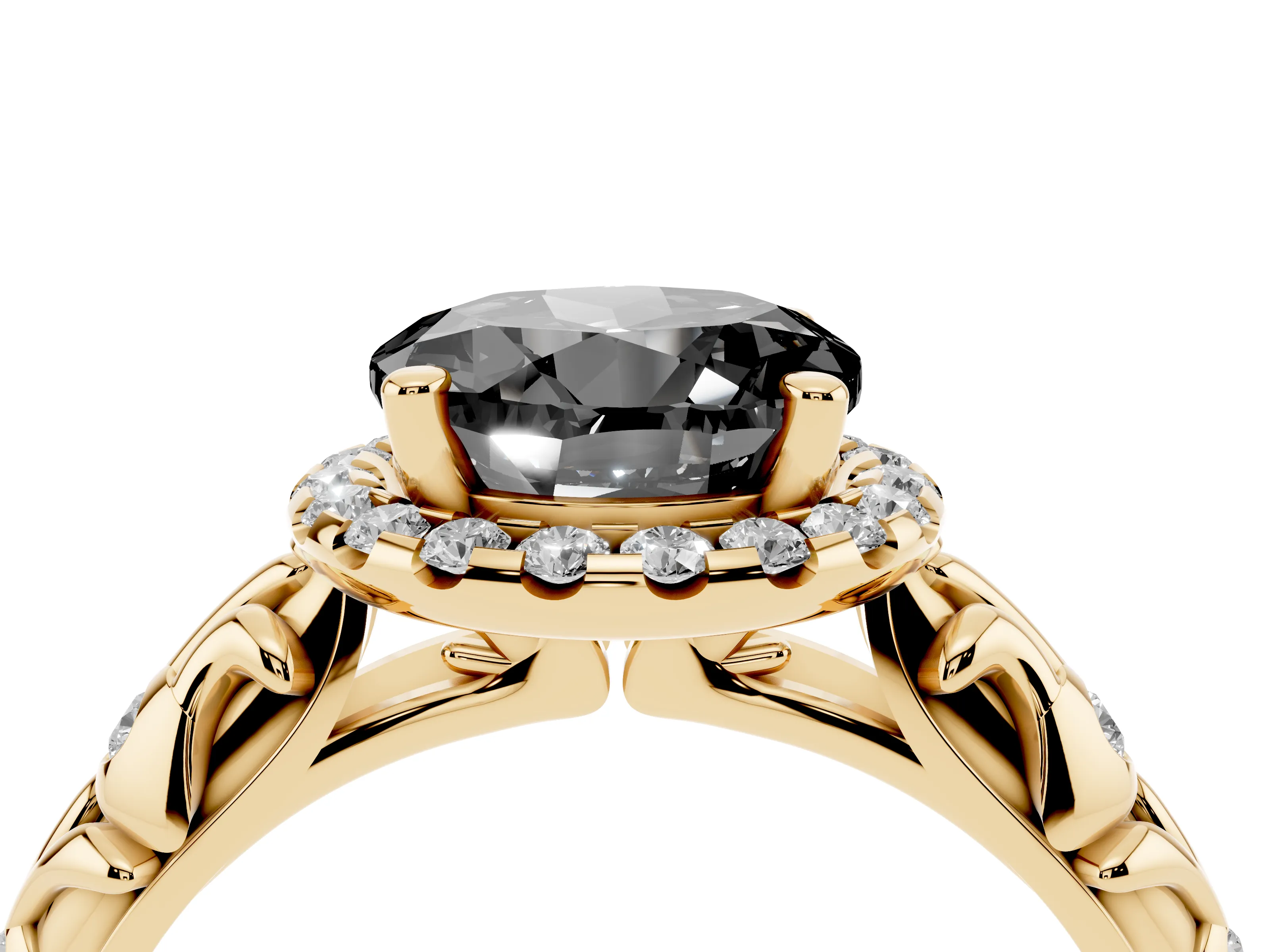 Fancy Black Round Cut Diamond Halo Ring Set in Yellow gold with Filigree Leaf Band and Prong Setting