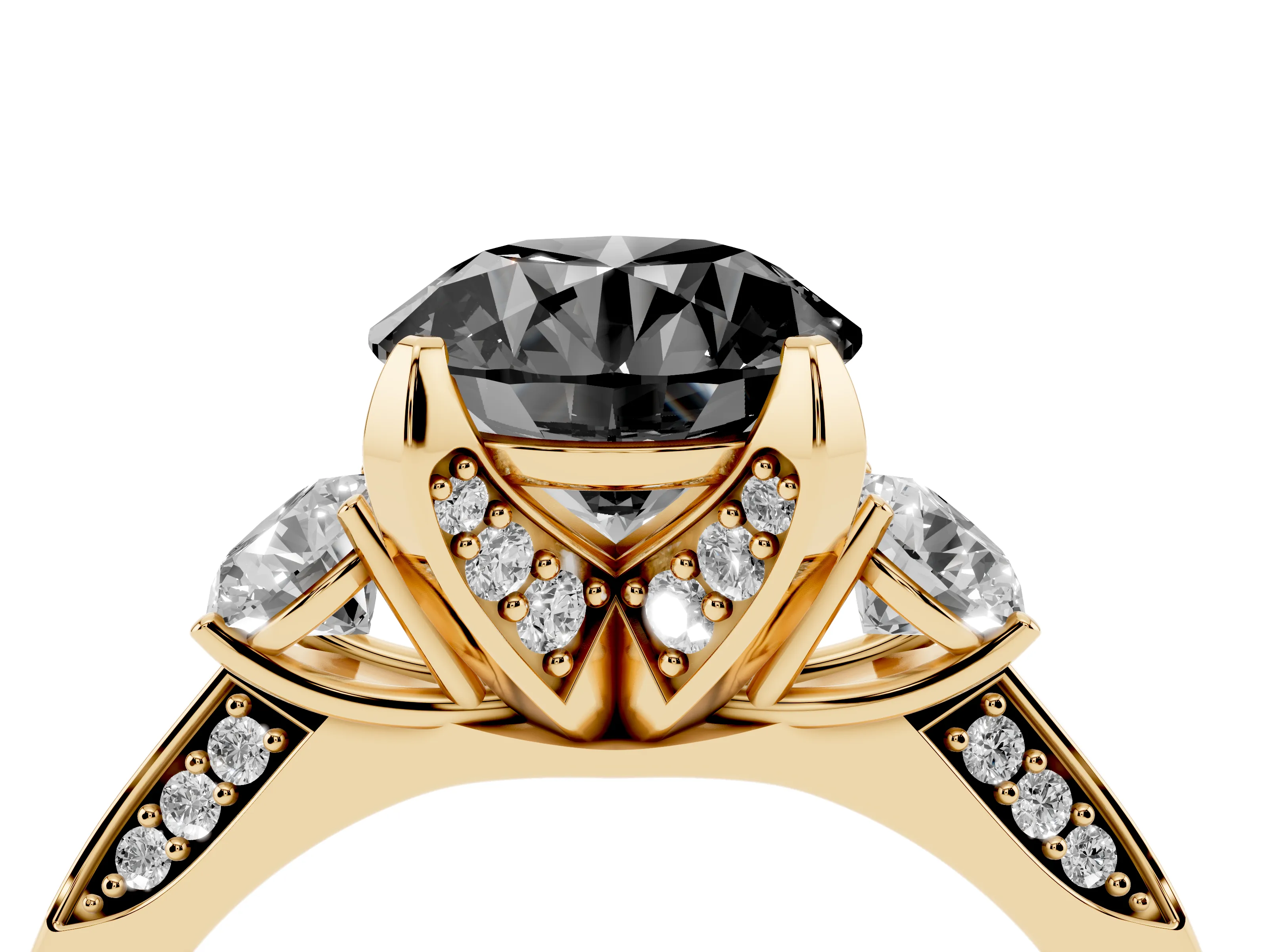 Fancy Black Round Cut Diamond Three-Stone Ring Set in Yellow gold with Pavé Band and Smaller Side Stones