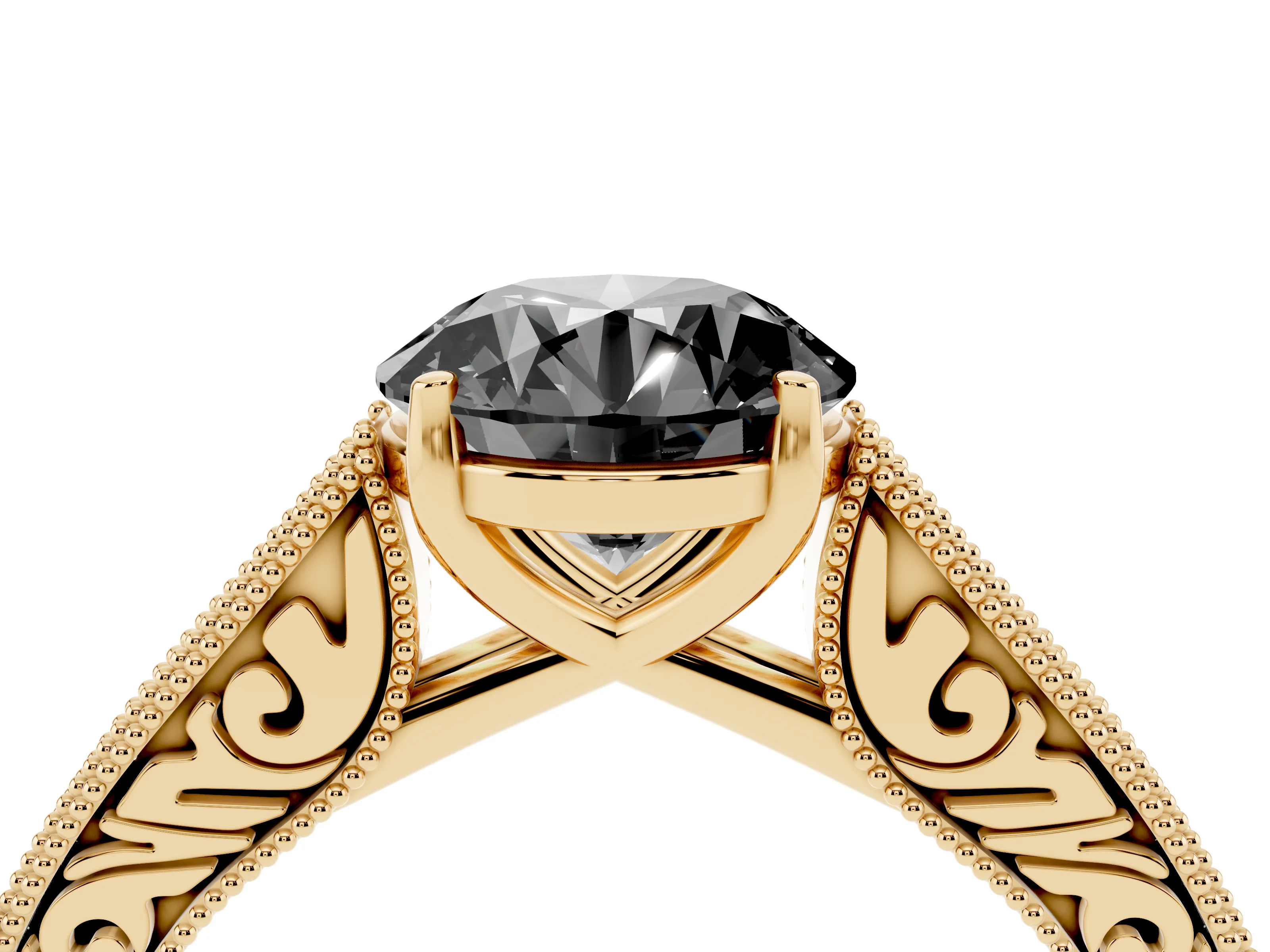 Fancy Black Round Cut Diamond Milgrain Pavé Band Solitaire Ring Set in Yellow gold with Prong Setting