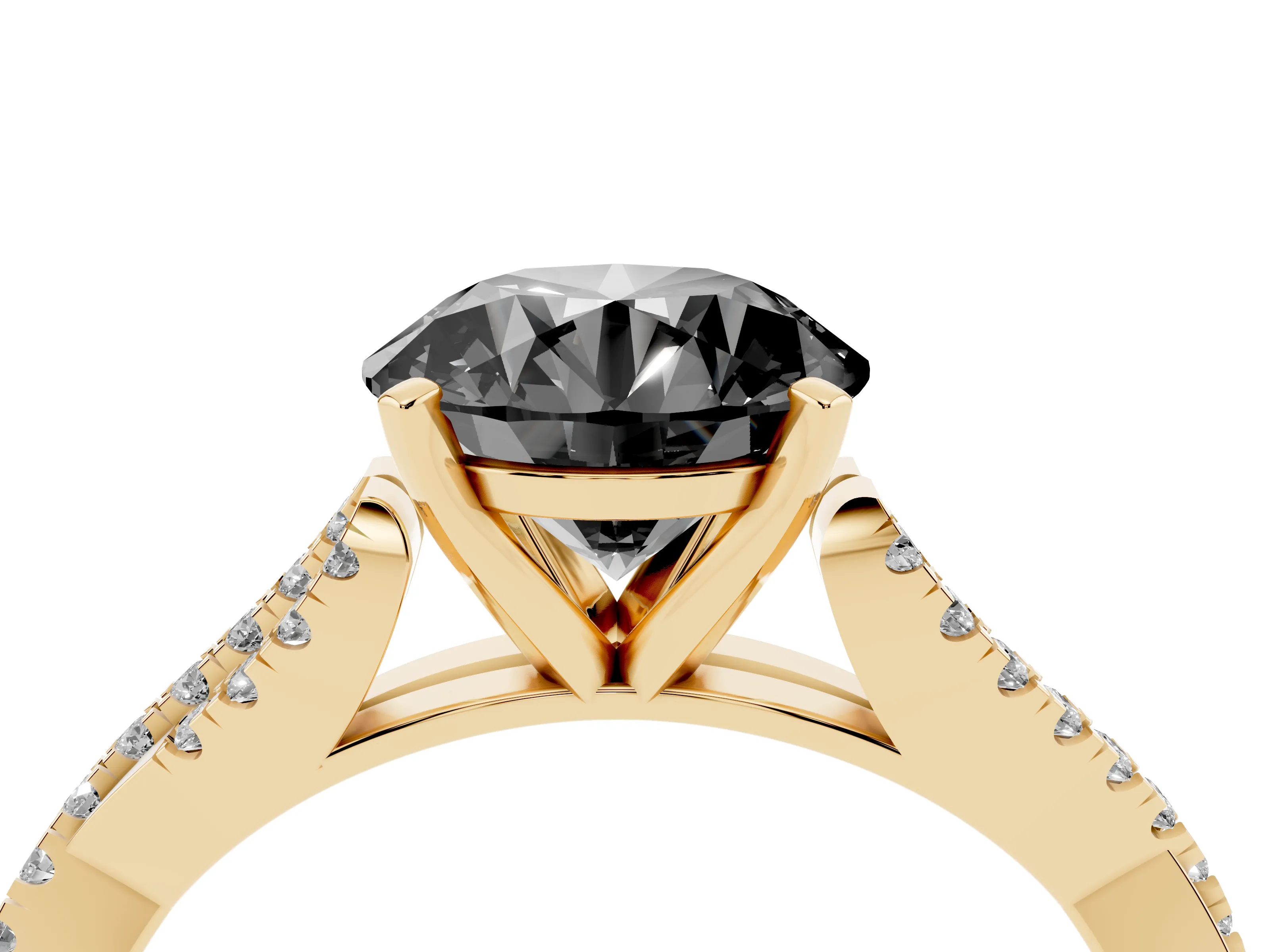 Fancy Black Round Cut Diamond Solitaire Engagement Ring Set in Yellow gold with Twisted Pavé Band and Prong Setting