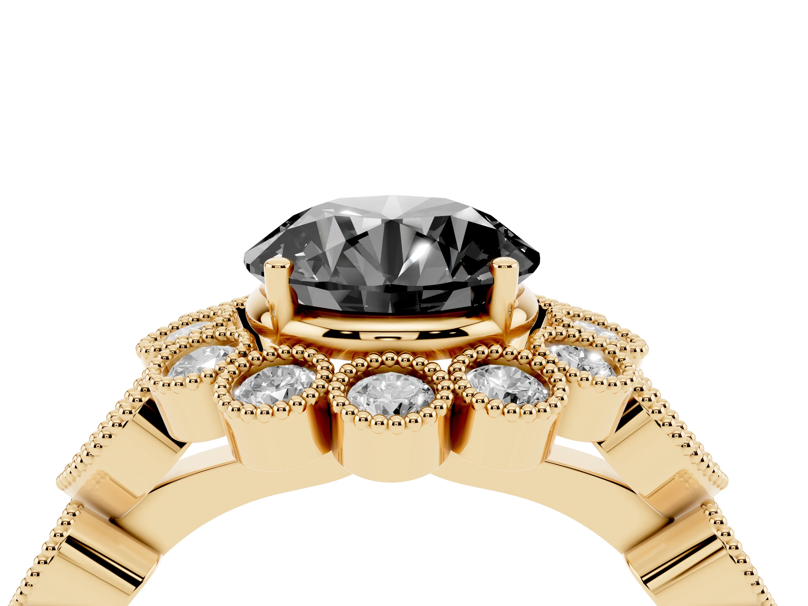 Fancy Black Round Cut Diamond Solitaire Ring Set in Yellow gold with Milgrain Pavé Heart Band
