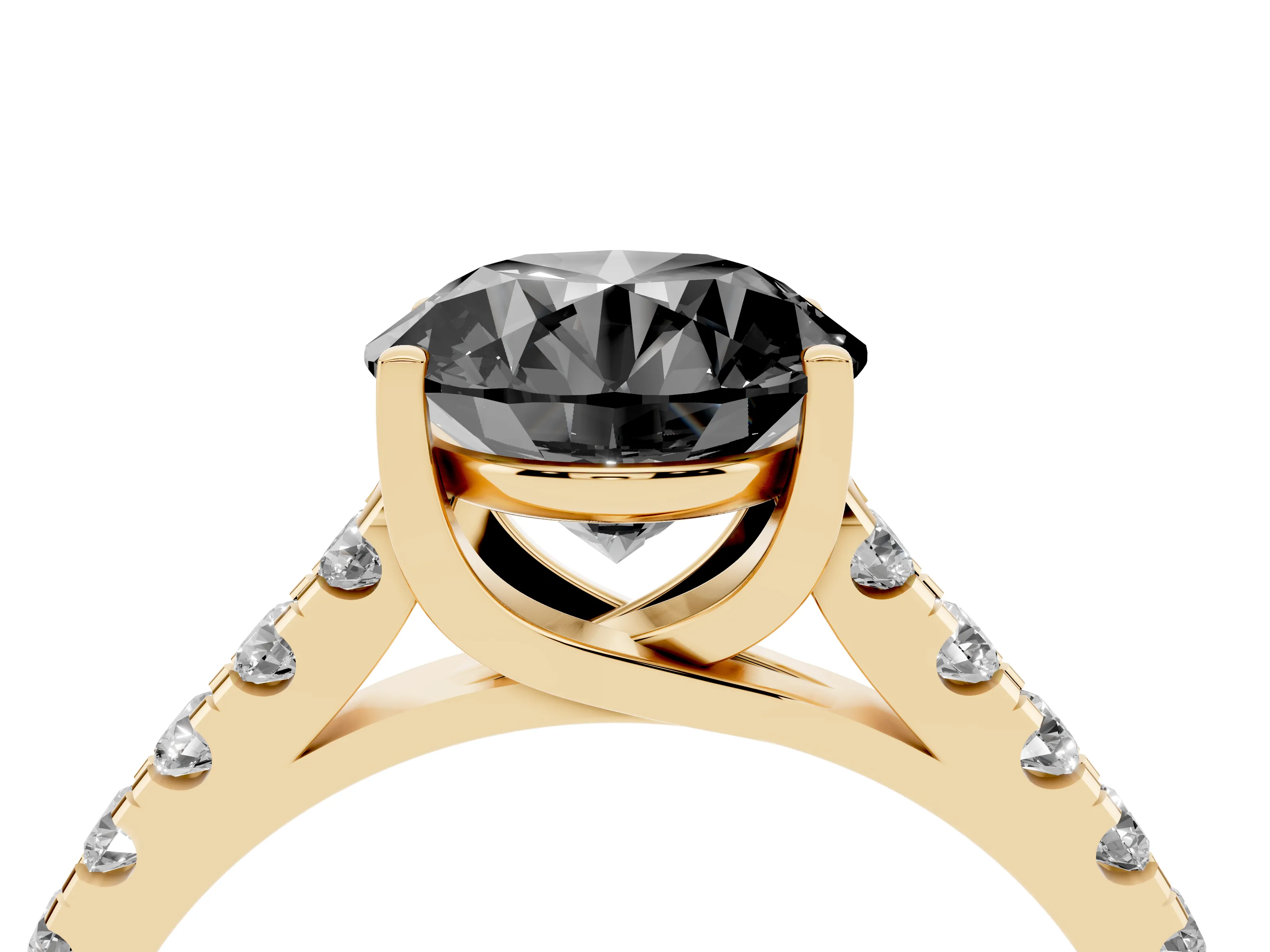 Fancy Black Round Cut Diamond Pavé Band Solitaire Ring Set in Yellow gold with Partway Accent Stones and Prong Setting