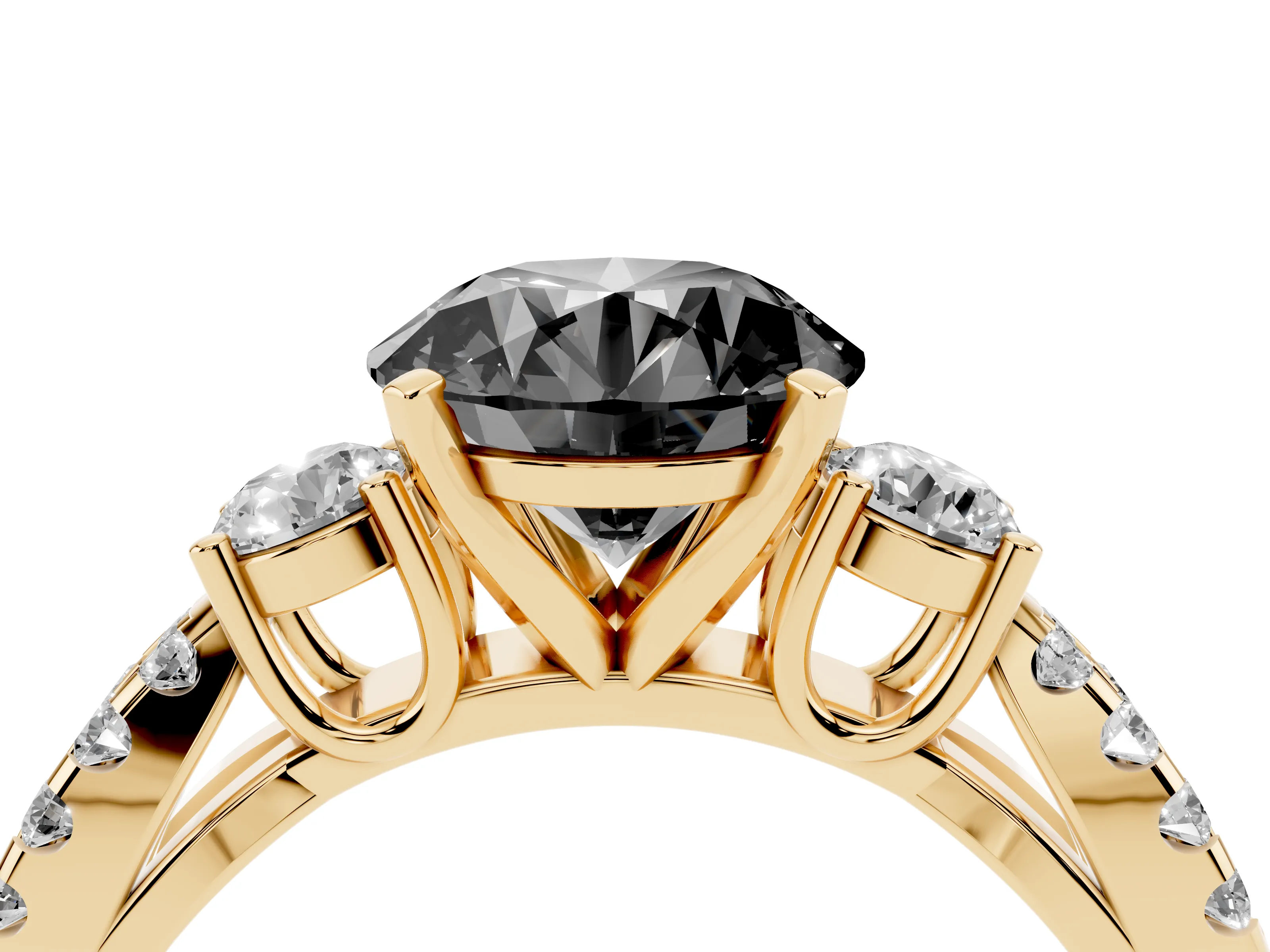Fancy Black Round Cut Diamond Three-Stone Ring Set in Yellow gold with Pavé Split Shank and Prong Setting
