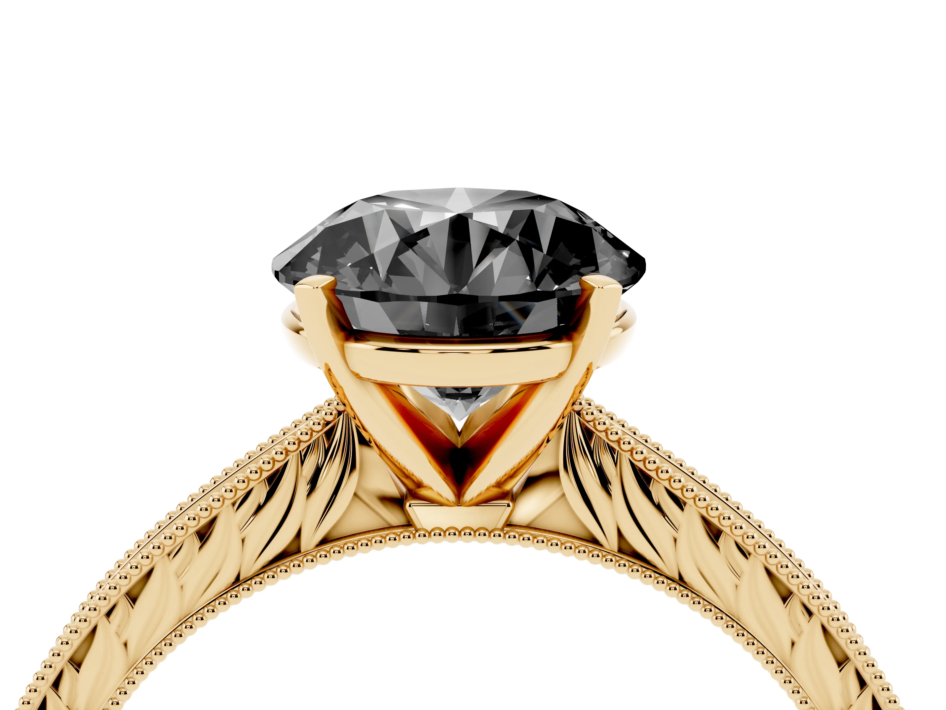 Fancy Black Round Cut Diamond Solitaire Milgrain Engraved Band Set in Yellow gold with Prong Setting