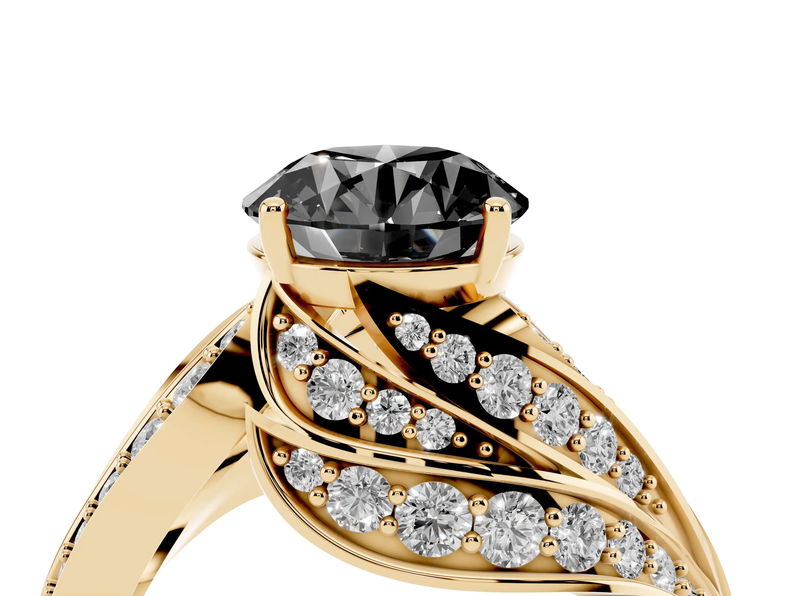 Fancy Black Round Cut Diamond Solitaire Ring Set in Yellow gold with Layered Twist Pavé Band