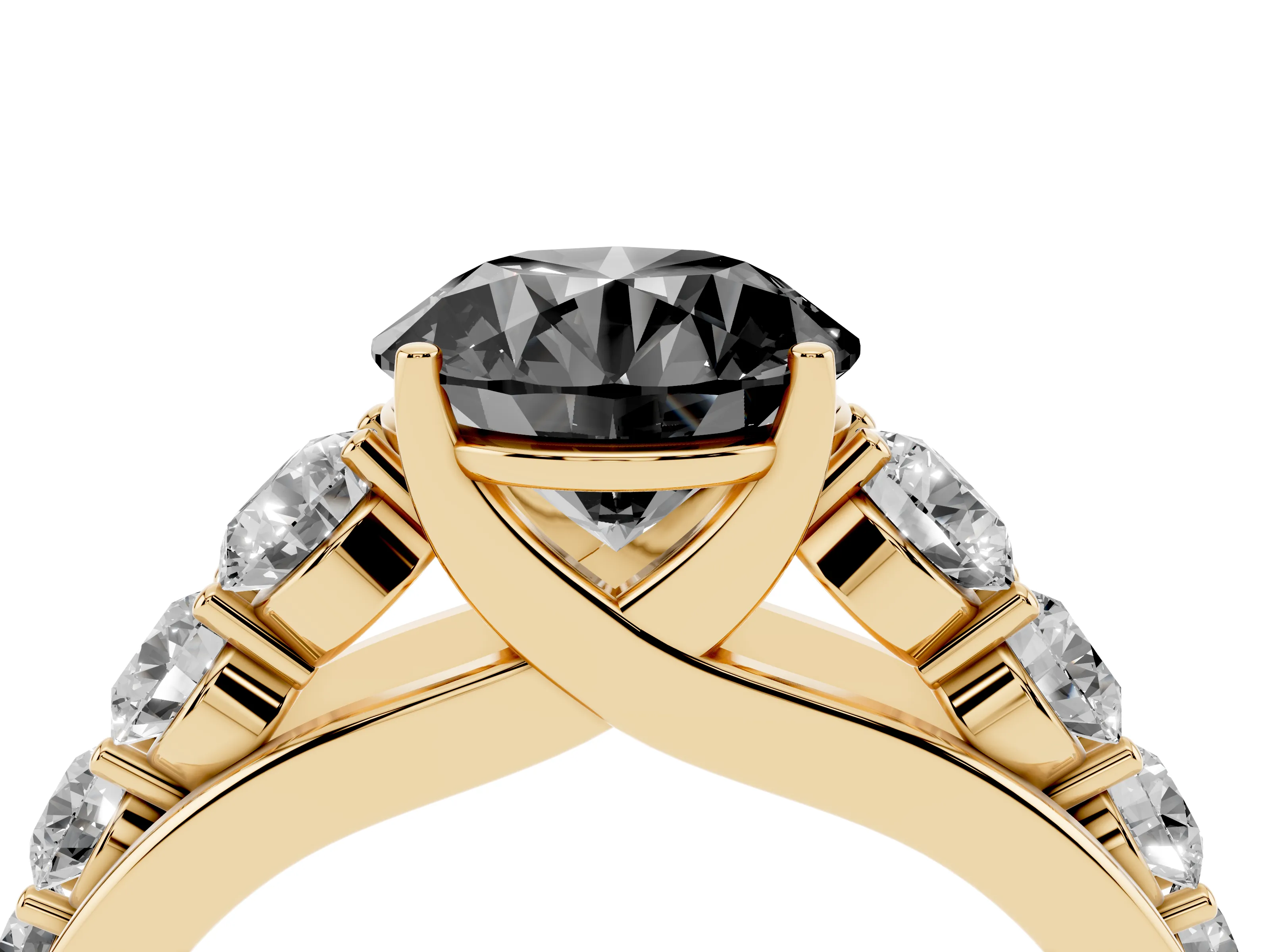 Fancy Black Round Cut Diamond Solitaire Ring Set in Yellow gold with Pavé-Set Band and Prong Setting