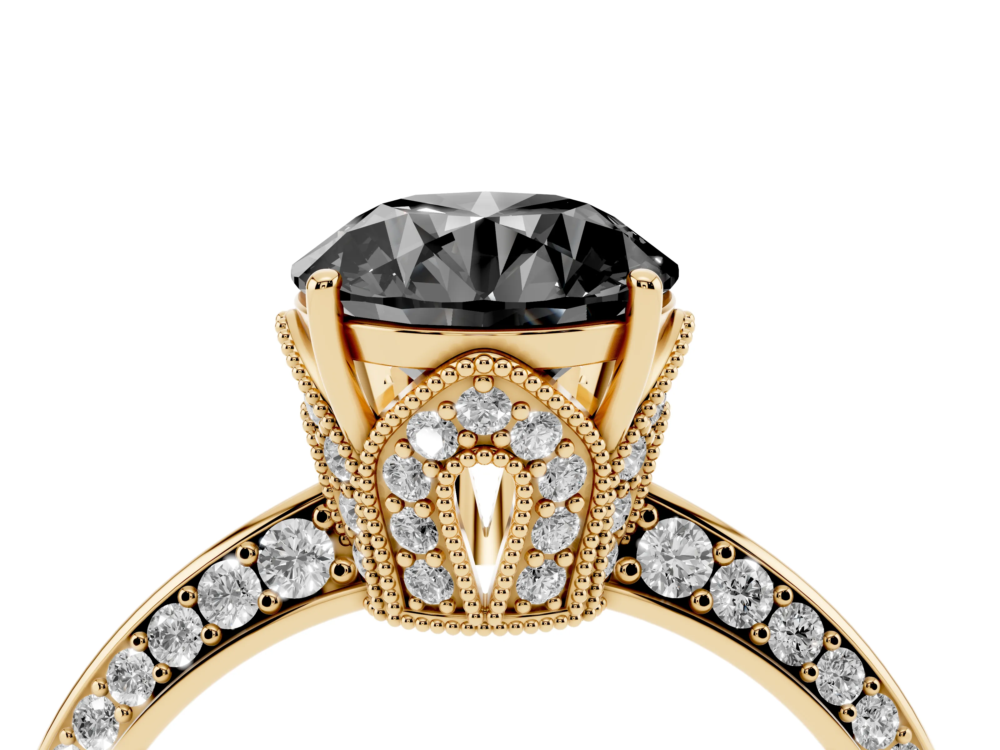 Fancy Black Round Cut Diamond Solitaire Engagement Ring Set in Yellow gold with Pavé Split Shank and Prong Setting