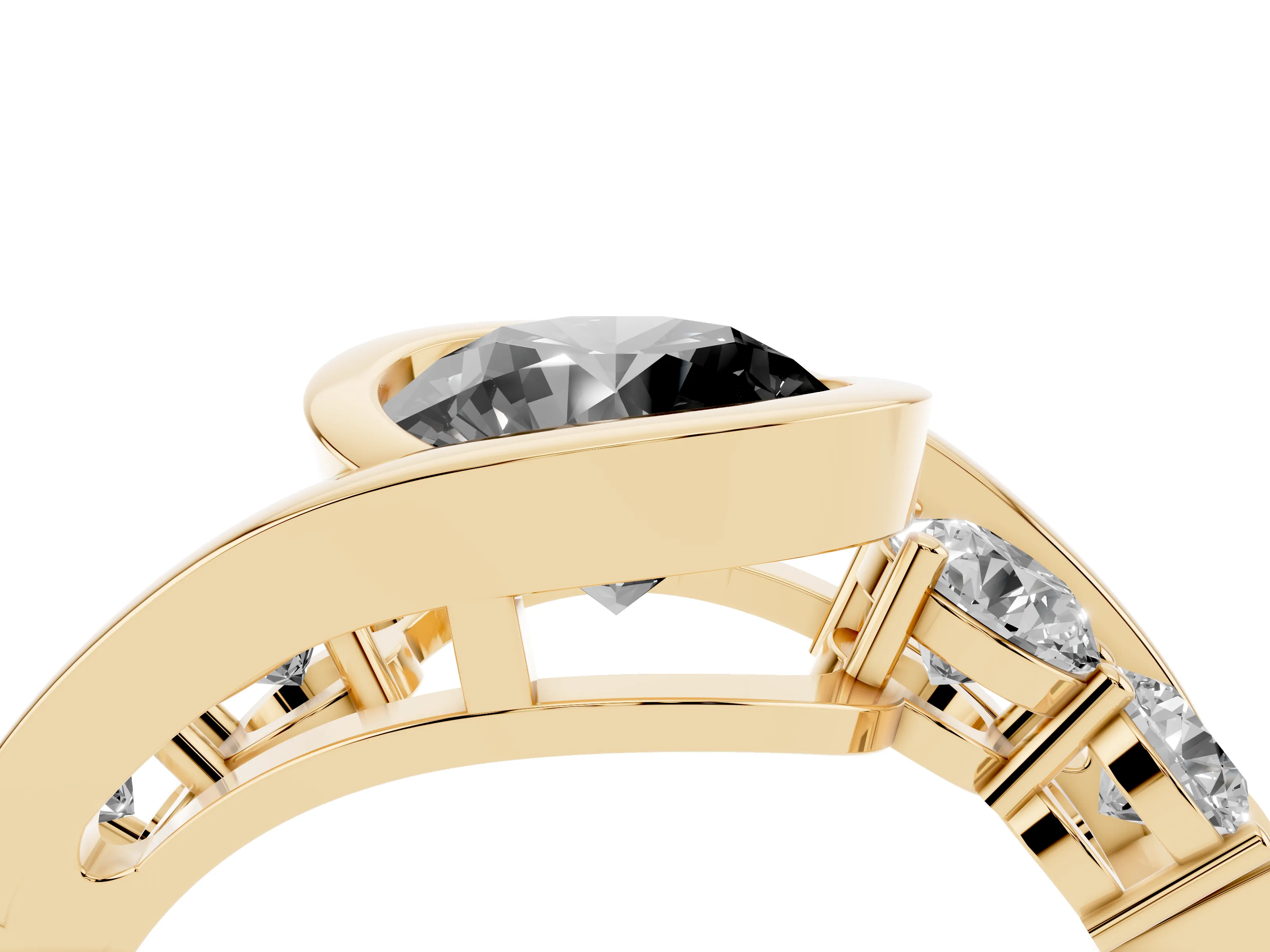 Fancy Black Round Cut Diamond Bezel Bypass Ring Set in Yellow gold with Round Accents
