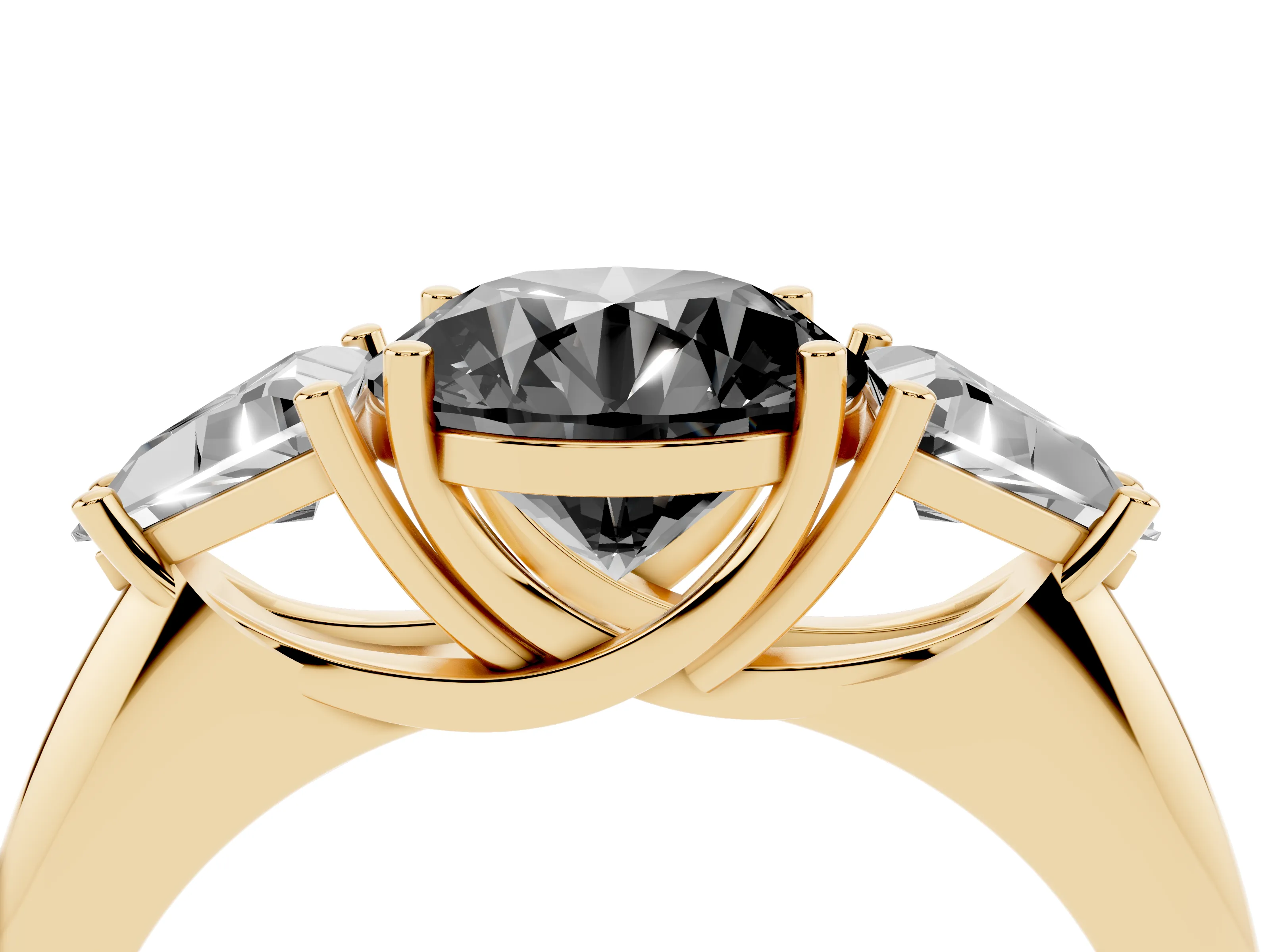 Fancy Black Round Cut Diamond Three-Stone Engagement Ring Set in Yellow gold with Trillion Side Stones