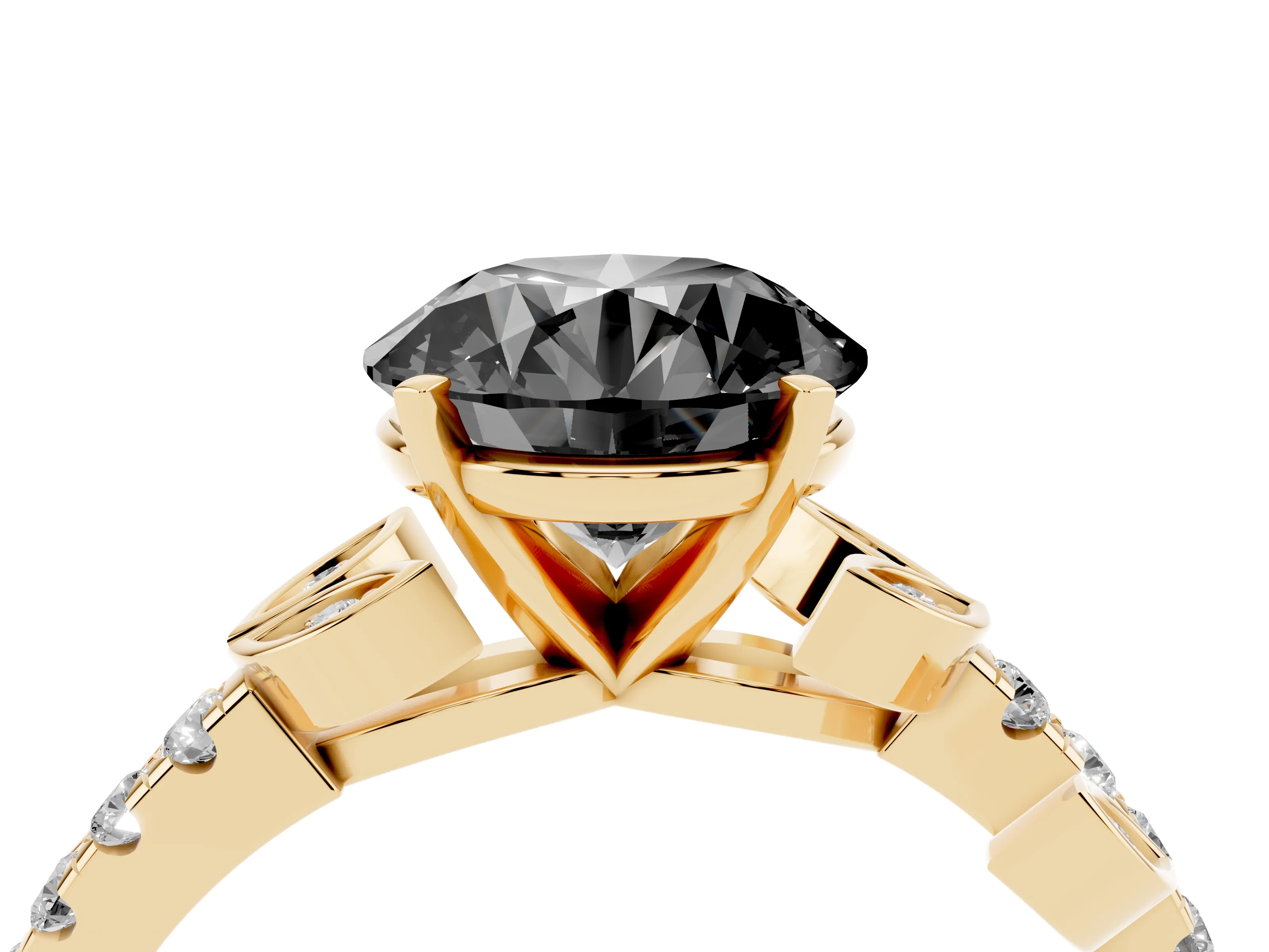 Fancy Black Round Cut Diamond Solitaire Leaf-Inspired Ring Set in Yellow gold with Pavé Band and Prong Setting