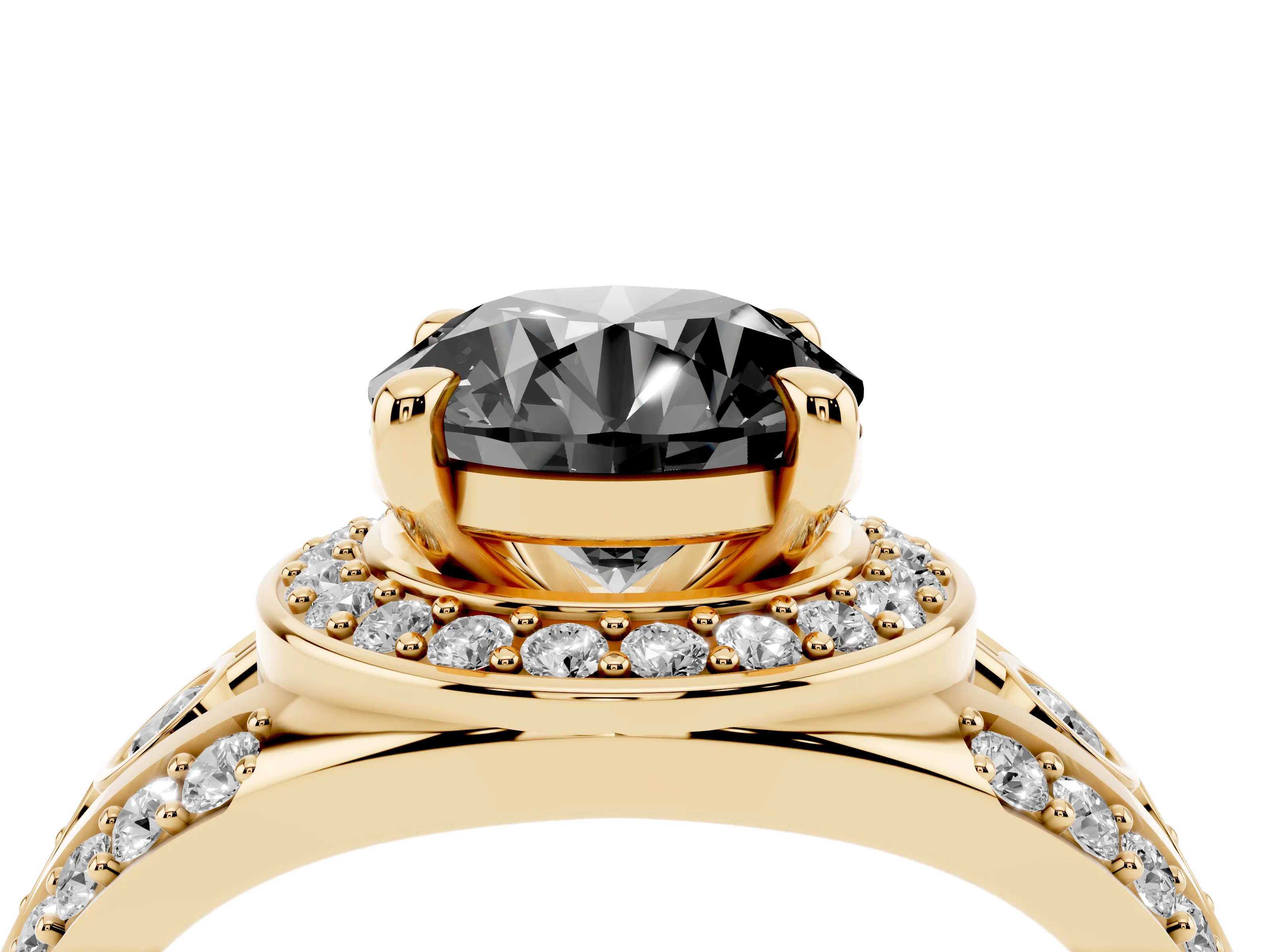 Fancy Black Round Cut Diamond Halo Ring Set in Yellow gold with Pavé Split Shank and Bezel Accents
