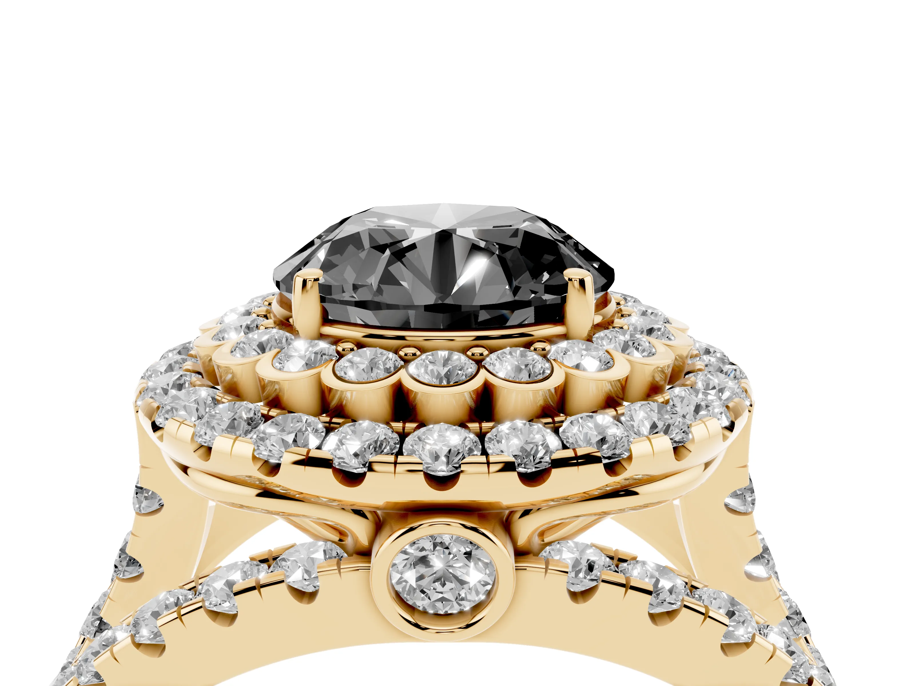 Fancy Black Round Cut Diamond Double Halo Ring Set in Yellow gold with Round Pavé Split Shank