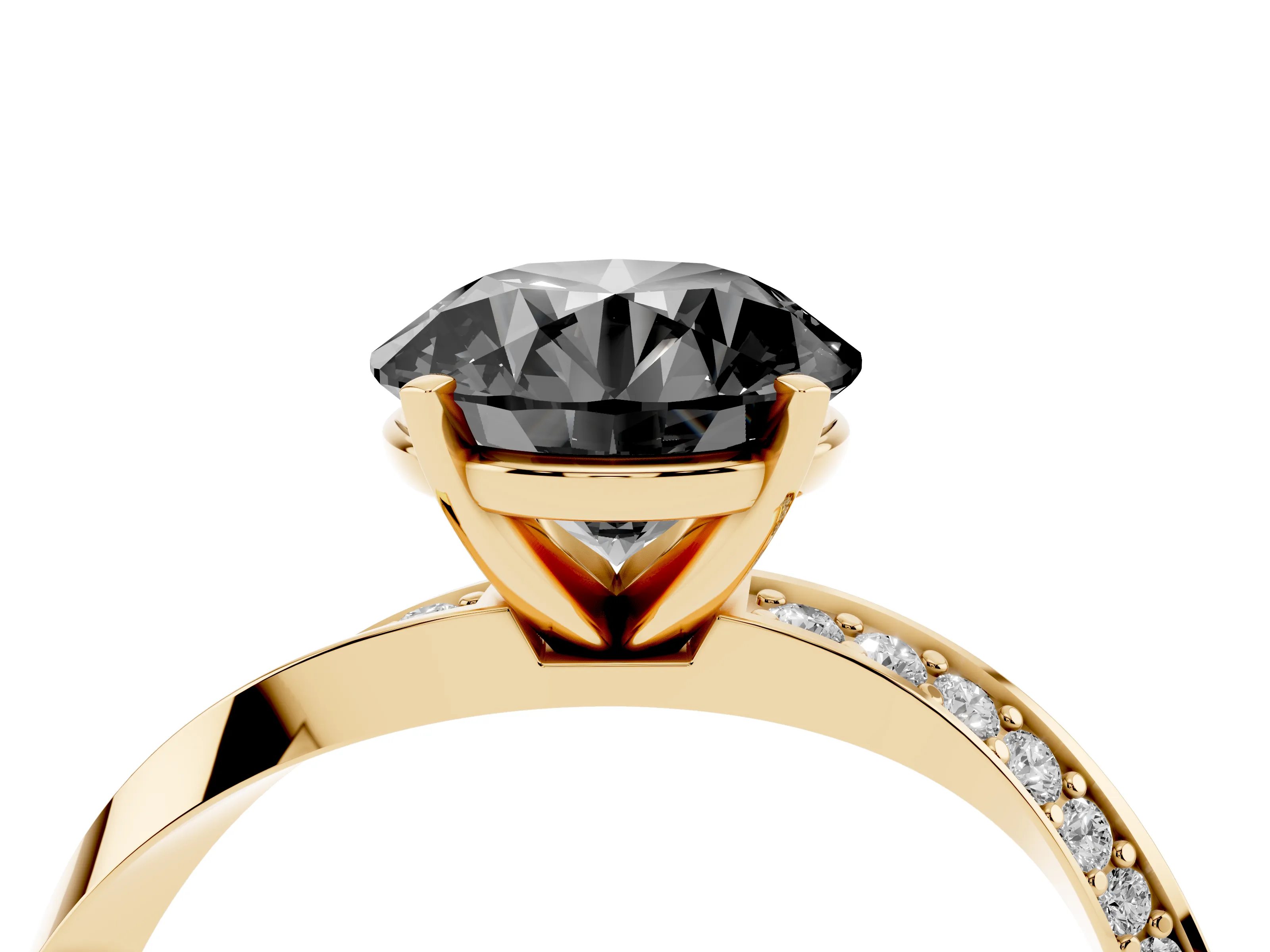 Fancy Black Round Cut Diamond Engagement Ring Set in Yellow gold with Side Stone Accents and Prong Setting