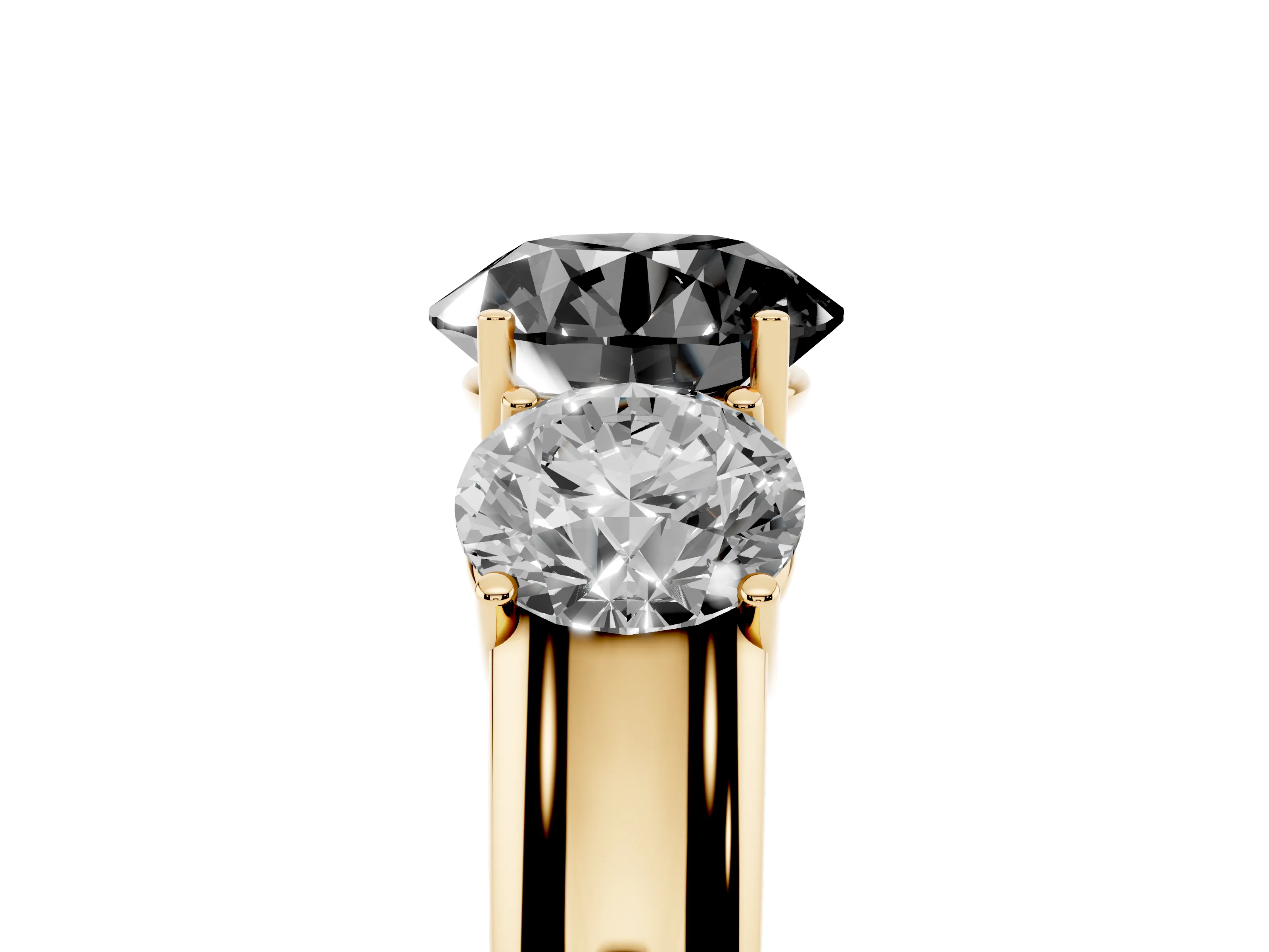 Fancy Black Three-Stone Round Cut Diamond Ring Set in Yellow gold with Matching Prong Settings and Plain Band