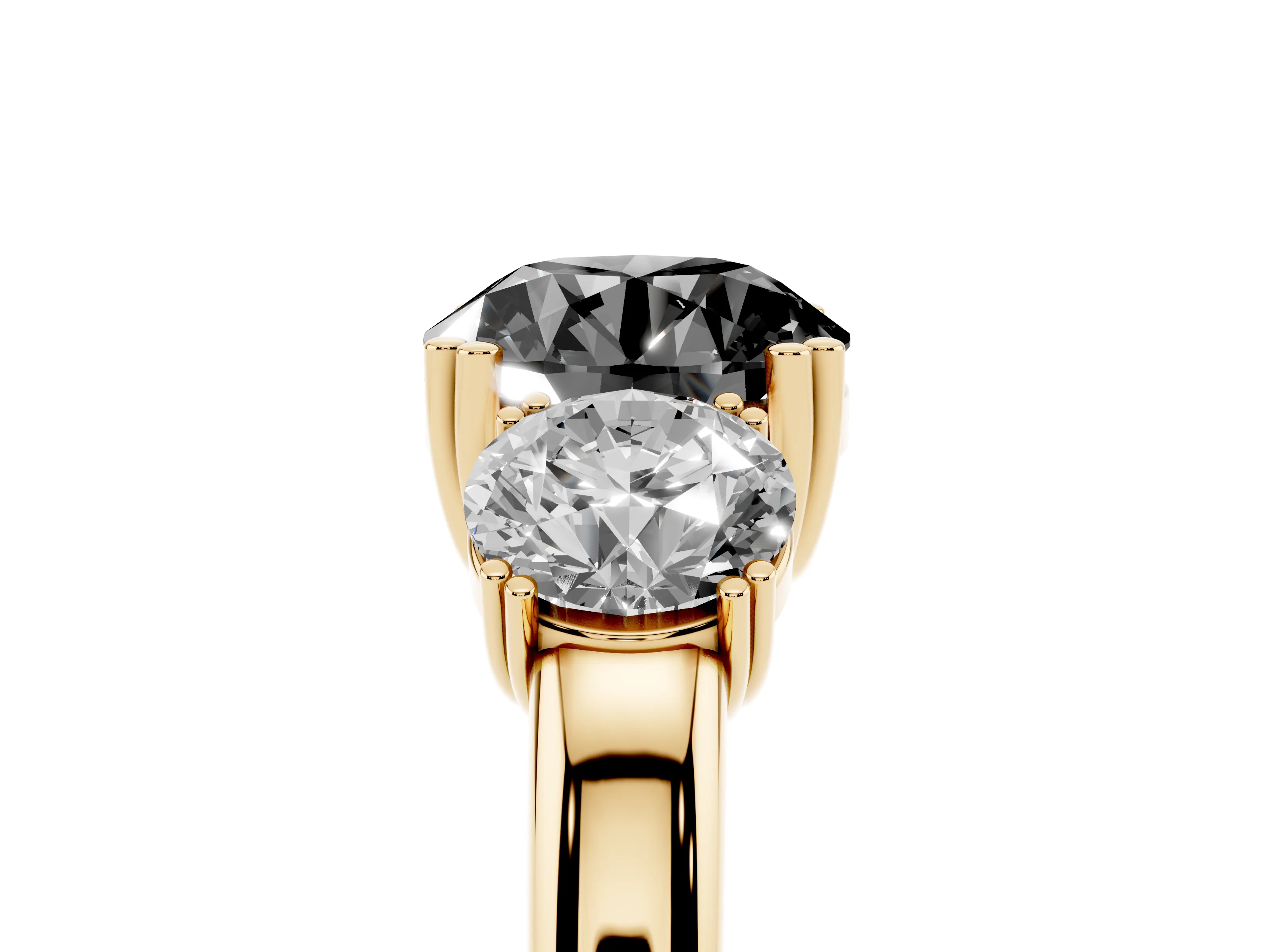 Fancy Black Round Cut Diamond Three-Stone Ring Set in Yellow gold with Polished Channel-Set Band