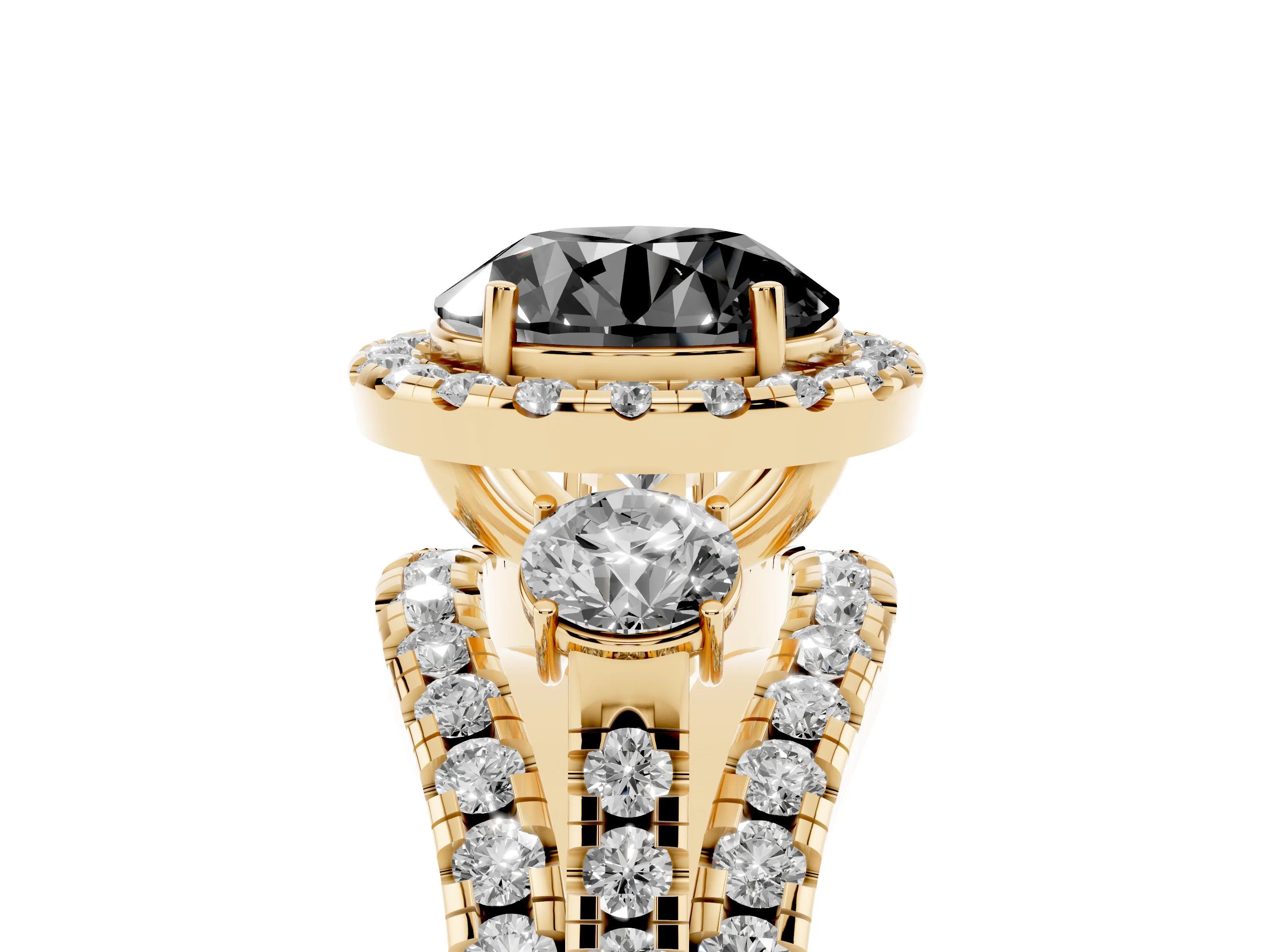 Fancy Black Round Cut Diamond Halo Split Shank Ring Set in Yellow gold with Round Accent Stones and Prong Setting