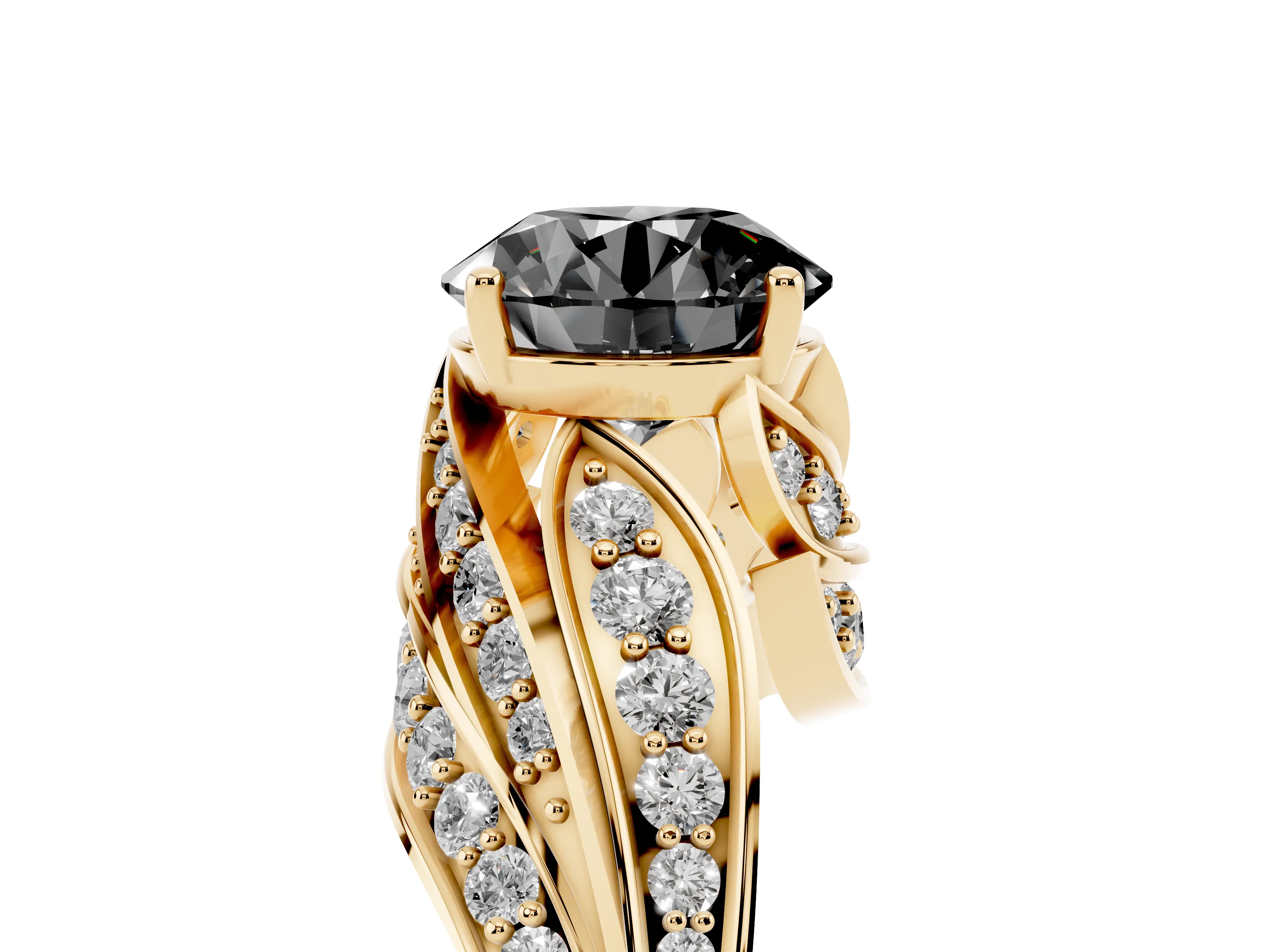 Fancy Black Round Cut Diamond Solitaire Ring Set in Yellow gold with Layered Twist Pavé Band
