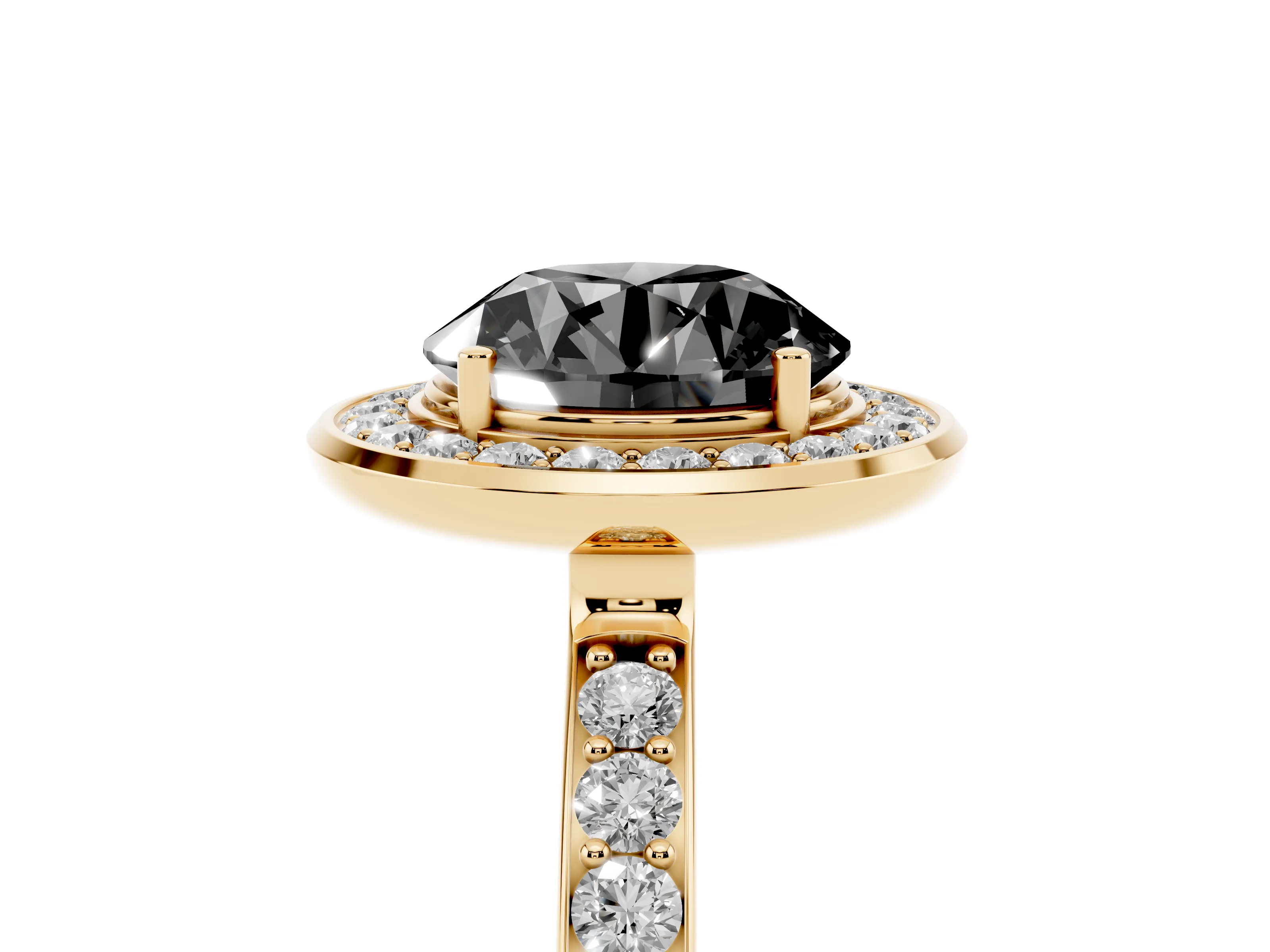 Fancy Black Round Cut Diamond Halo Ring Set in Yellow gold with Bezel Frame and Pavé Band