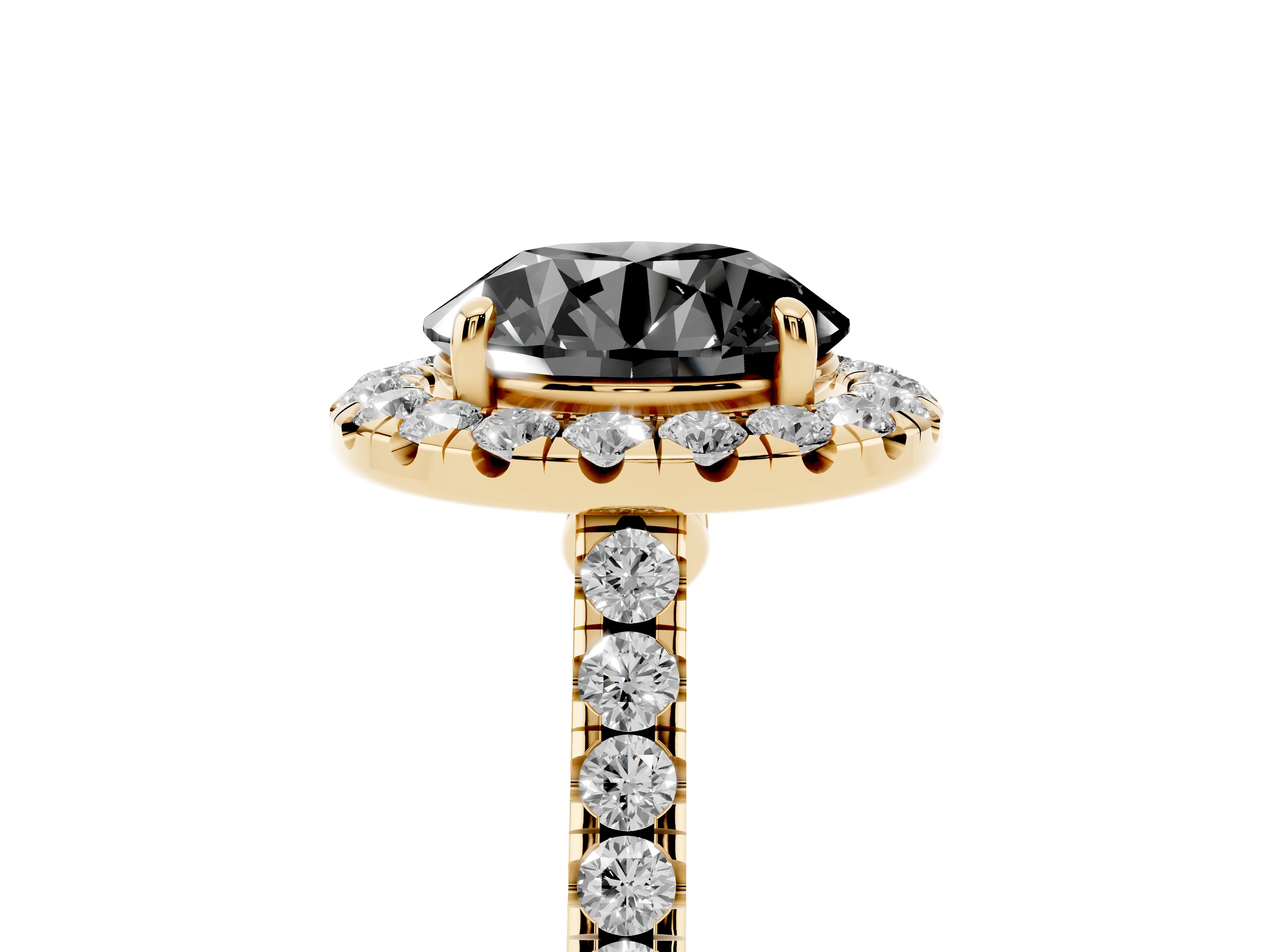 Fancy Black Round Cut Diamond Halo Pavé Engagement Ring Set in Yellow gold with Prong Setting