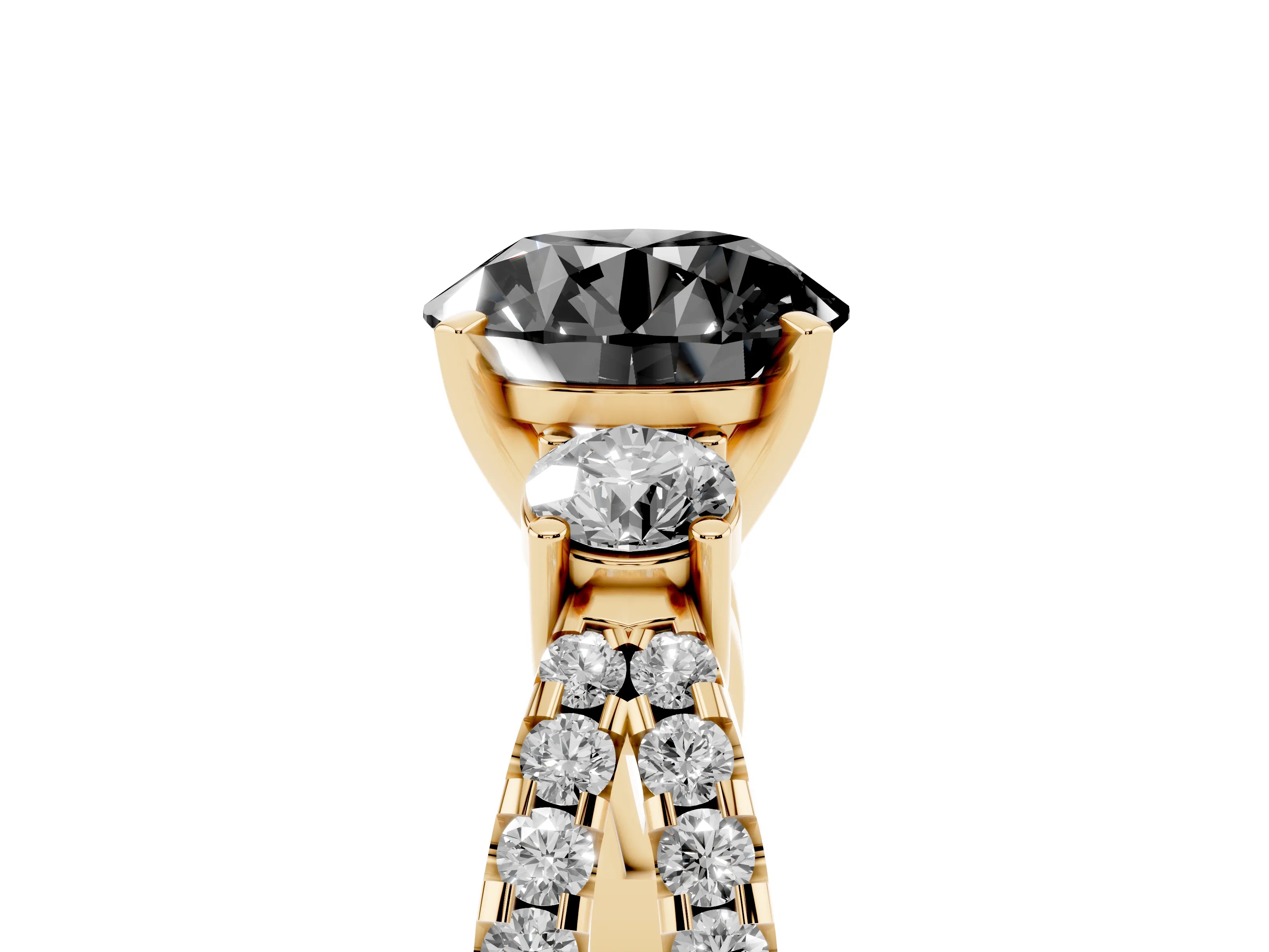 Fancy Black Round Cut Diamond Three-Stone Ring Set in Yellow gold with Pavé Split Shank and Prong Setting