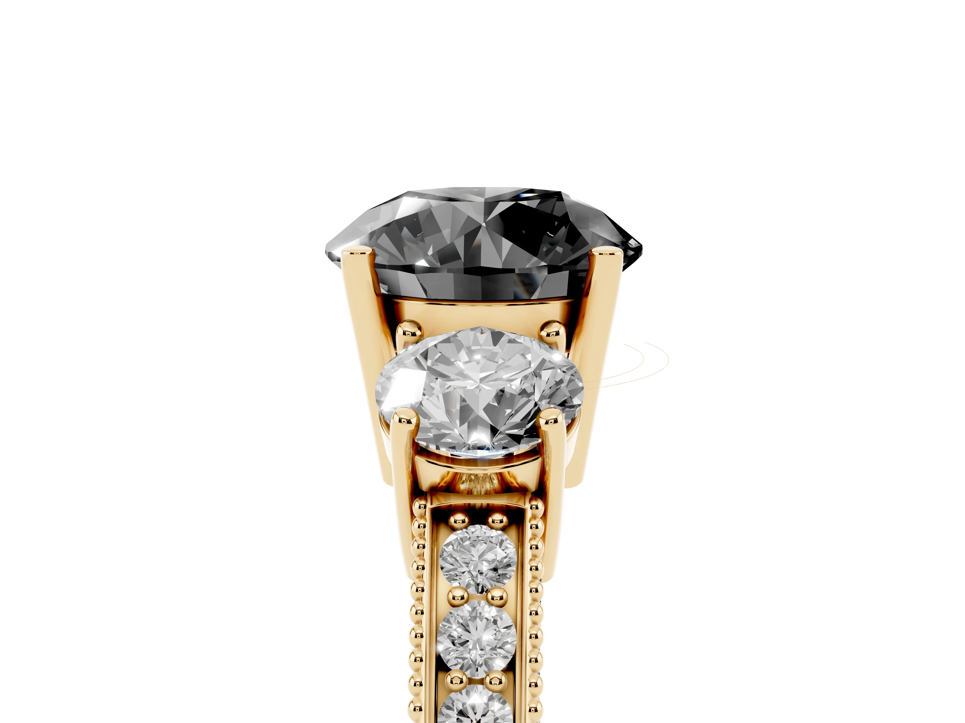 Fancy Black Round Cut Diamond Three-Stone Ring Set in Yellow gold with Round Side Stones and Pavé Band