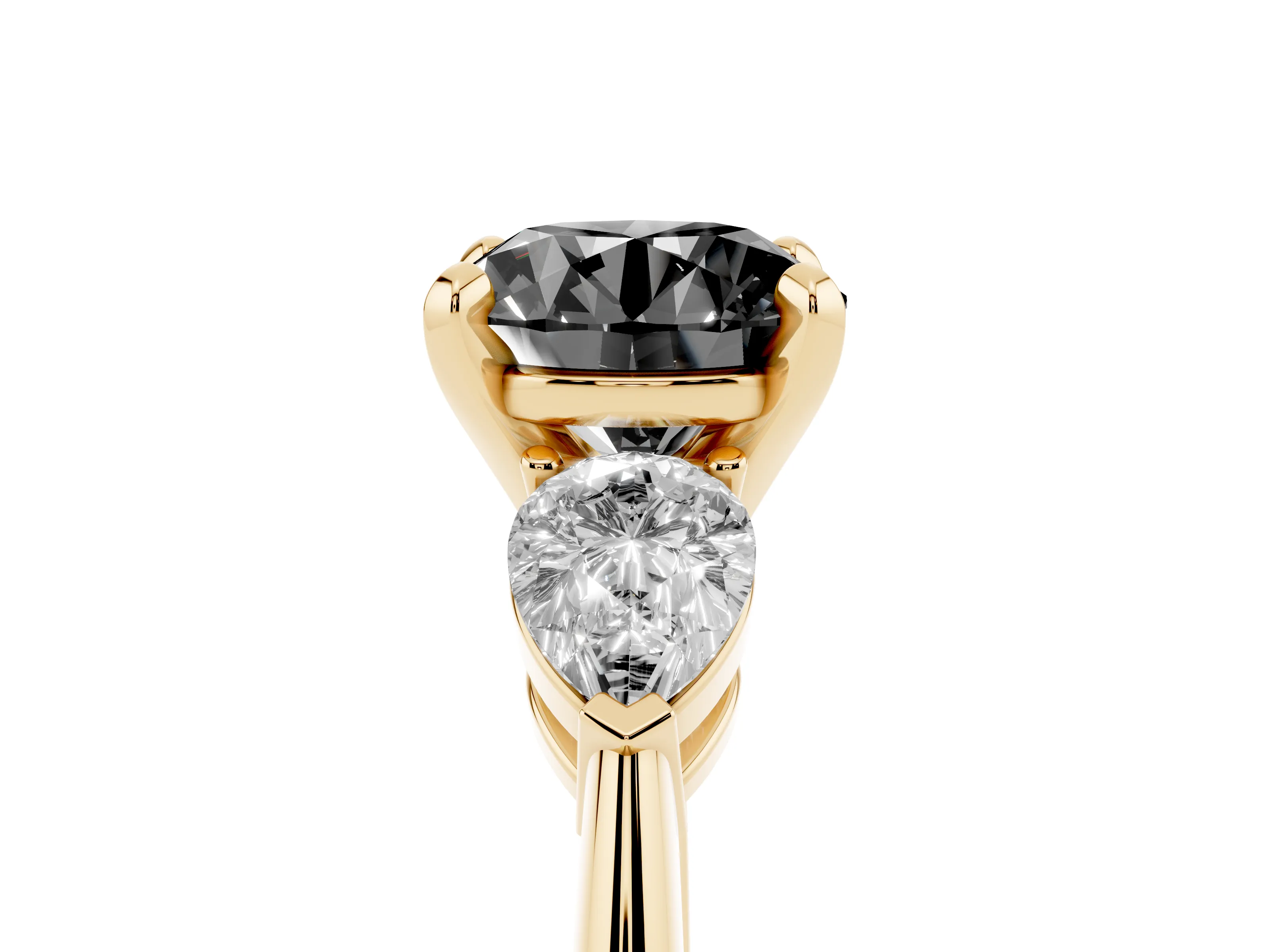 Fancy Black Three-Stone Round Cut Diamond Ring Set in Yellow gold with Pear Side Stones and Prong Setting