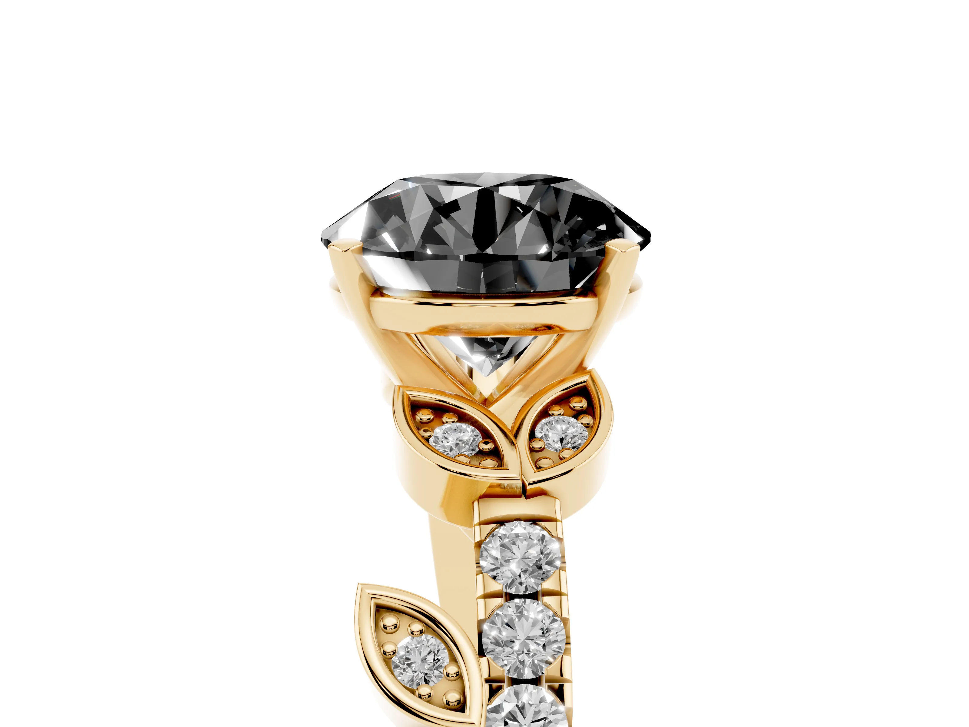 Fancy Black Round Cut Diamond Solitaire Leaf-Inspired Ring Set in Yellow gold with Pavé Band and Prong Setting