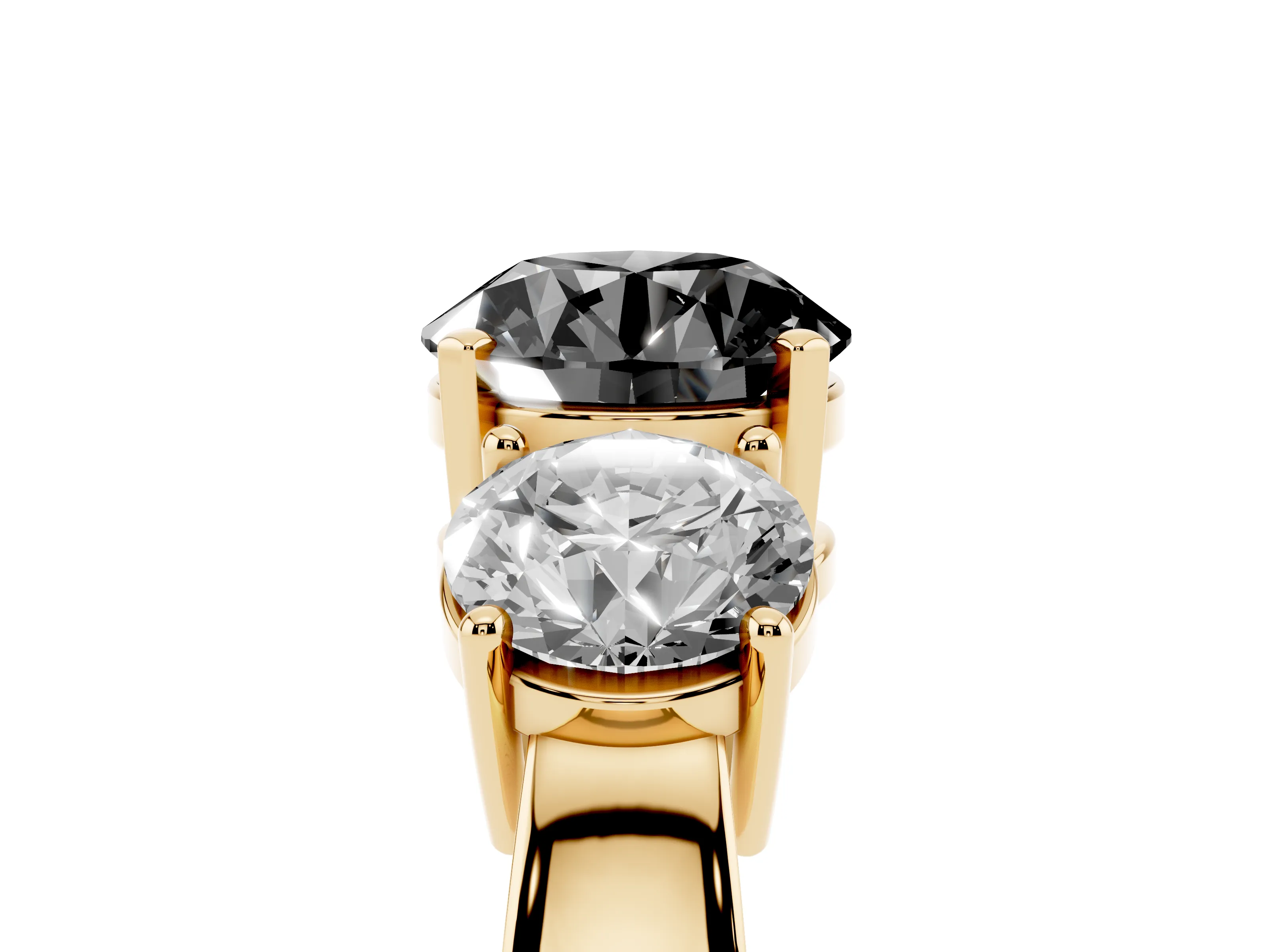 Fancy Black Round Cut Diamond Three-Stone Ring Set in Yellow gold with Round Side Stones and Classic Band