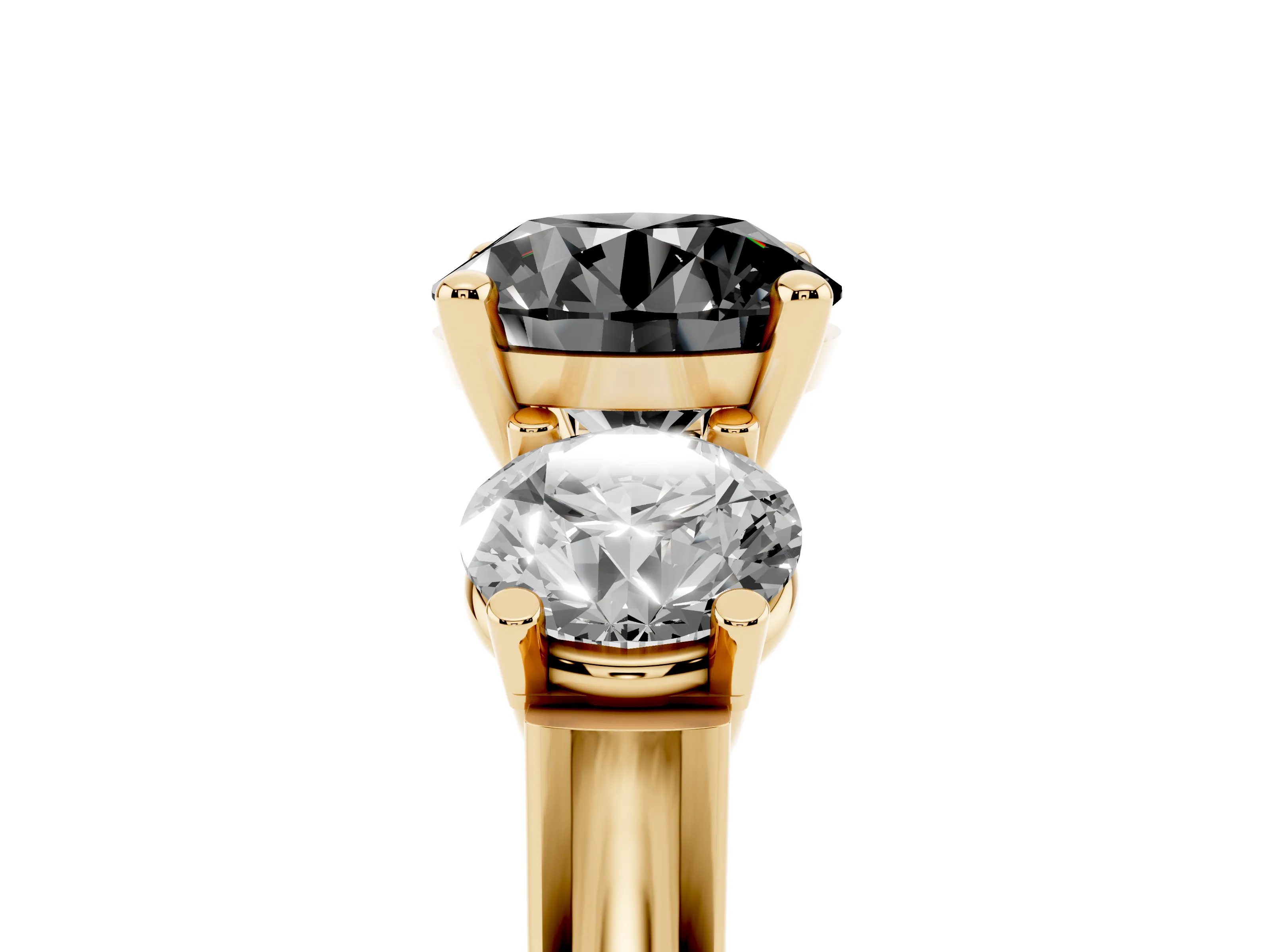 Fancy Black Round Cut Diamond Three-Stone Trellis Ring Set in Yellow gold with Comfort Fit Band